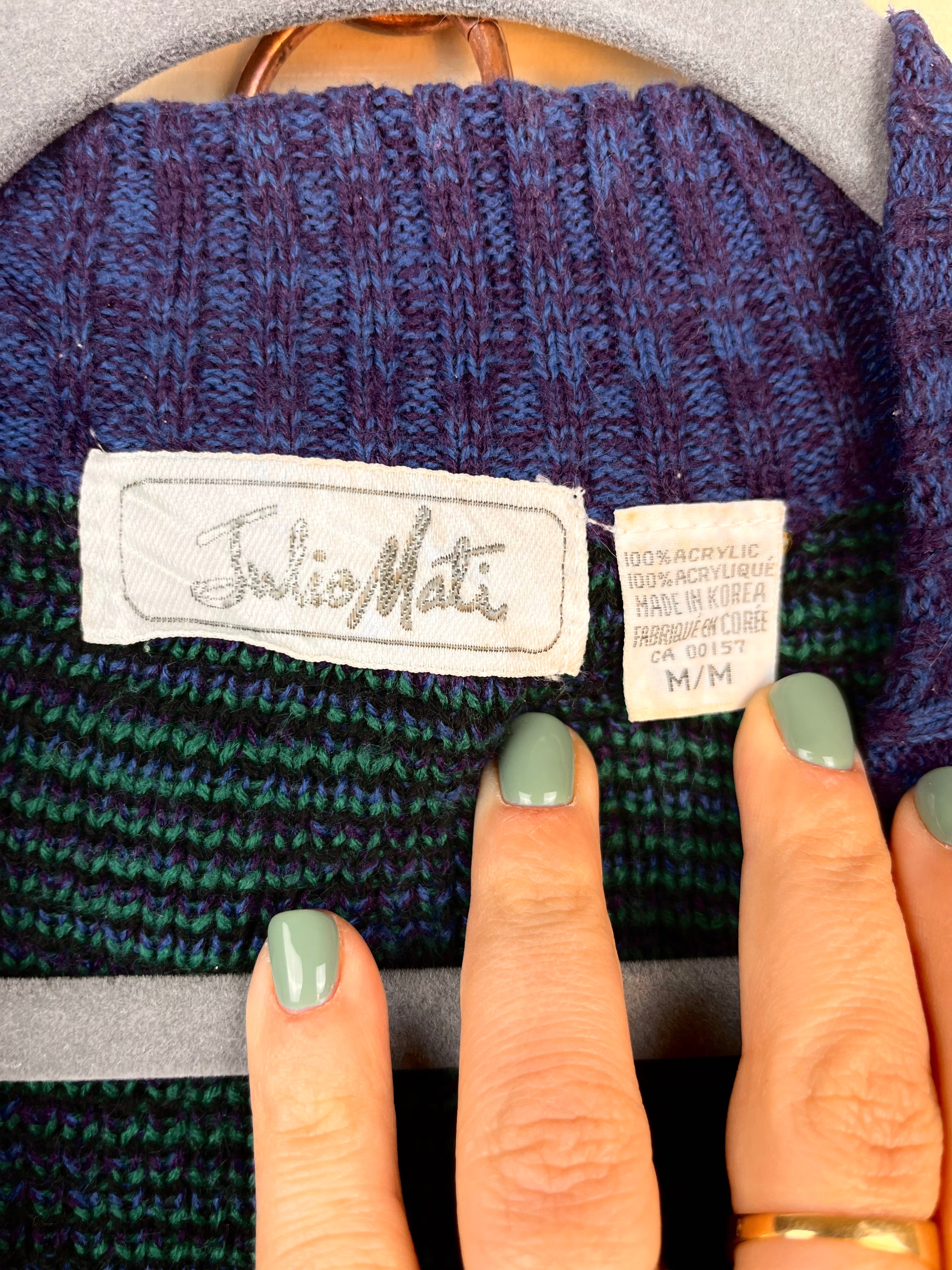 Vintage Abstract Pattern V-Neck Sweater Purple Green Oversize