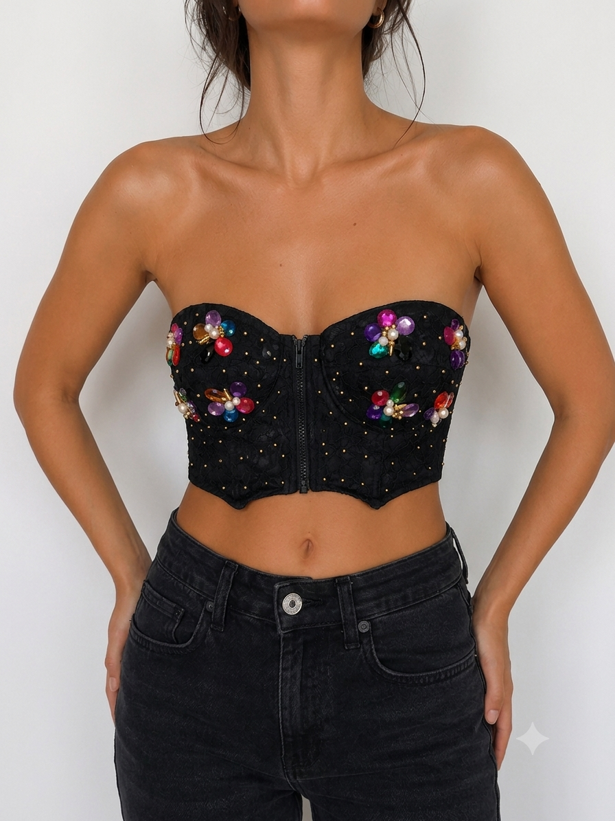 Vintage Carisma Bustier Nero Gioiello in Pizzo – Y2K