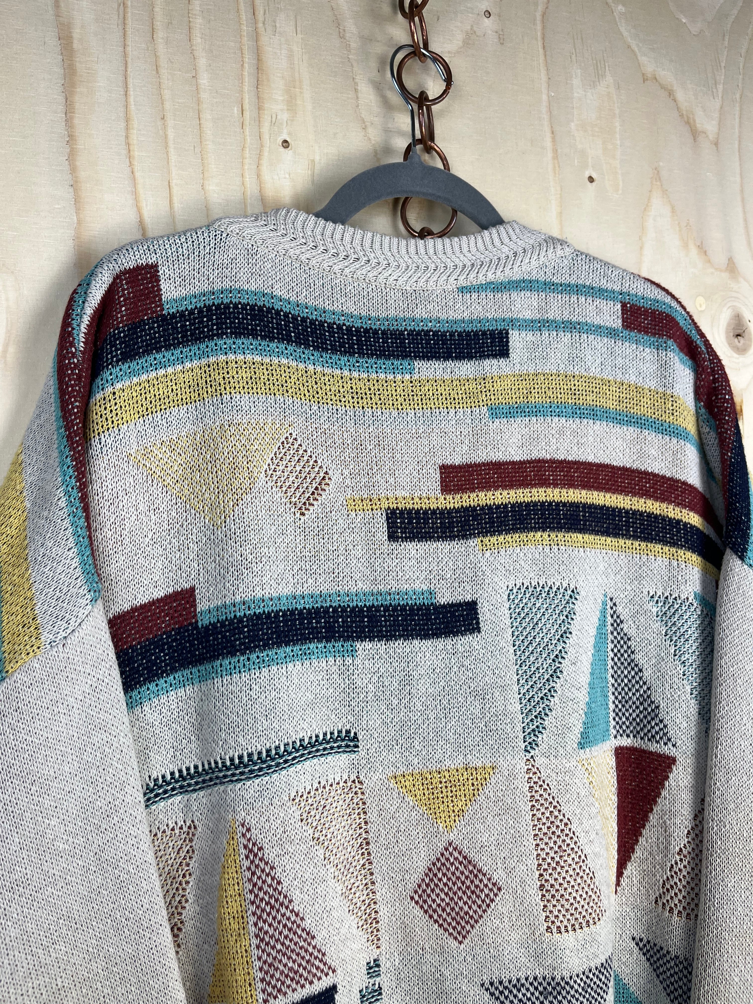 Vintage Geometric Pattern Cardigan Oversize Cotton Blend 90s