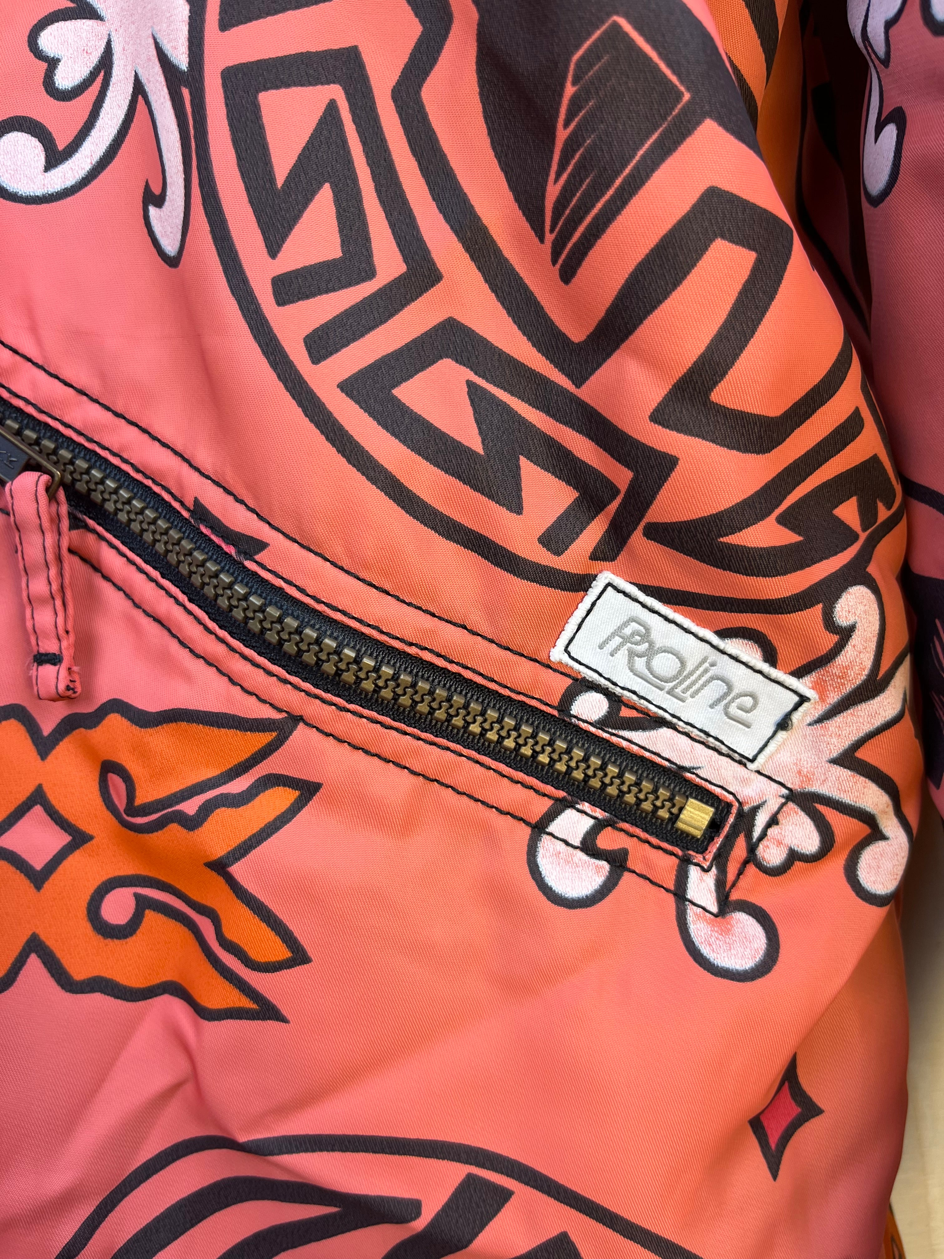 Vintage Pattern Hooded Jacket Coral Tribal Print Fleece Lined XL