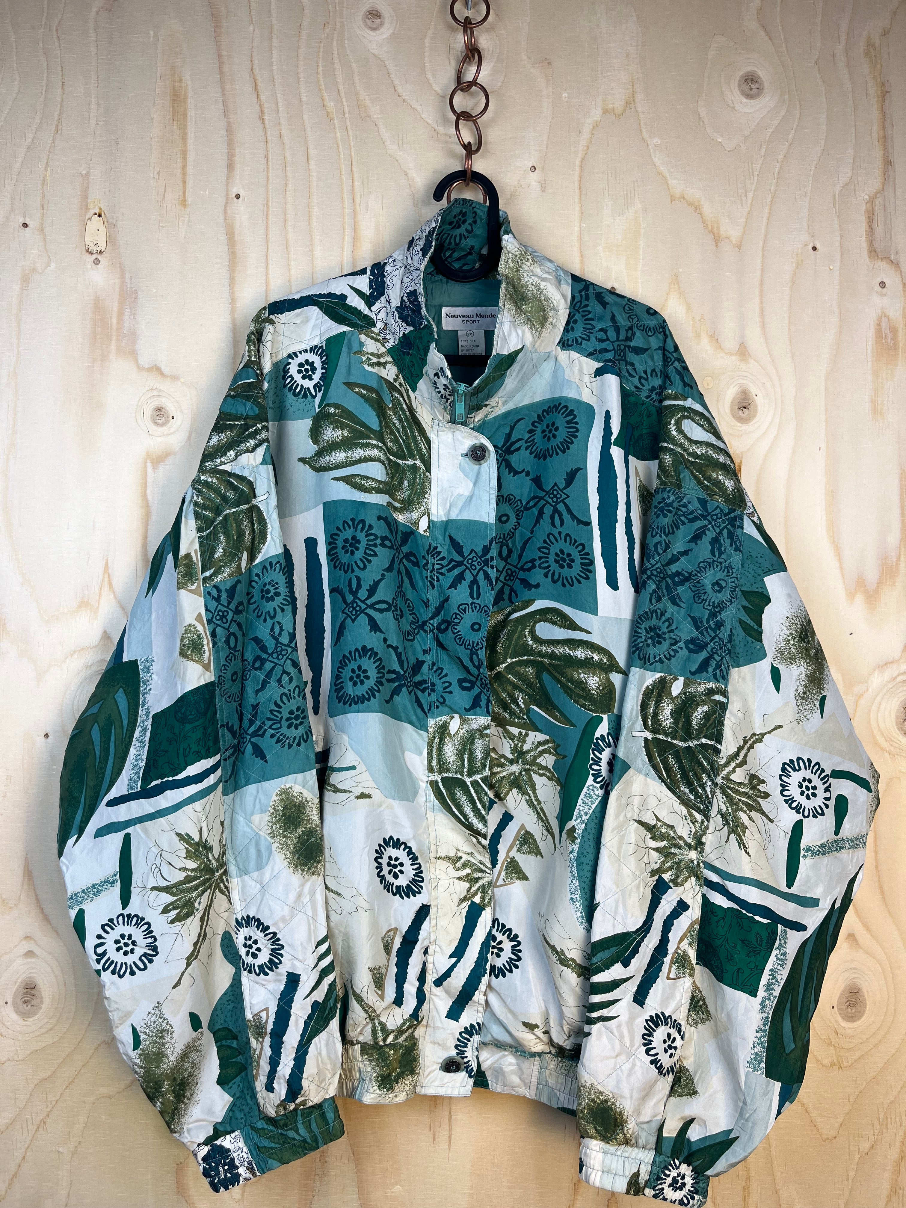 Vintage Silk Patterned Jacket Green Oversize 90s