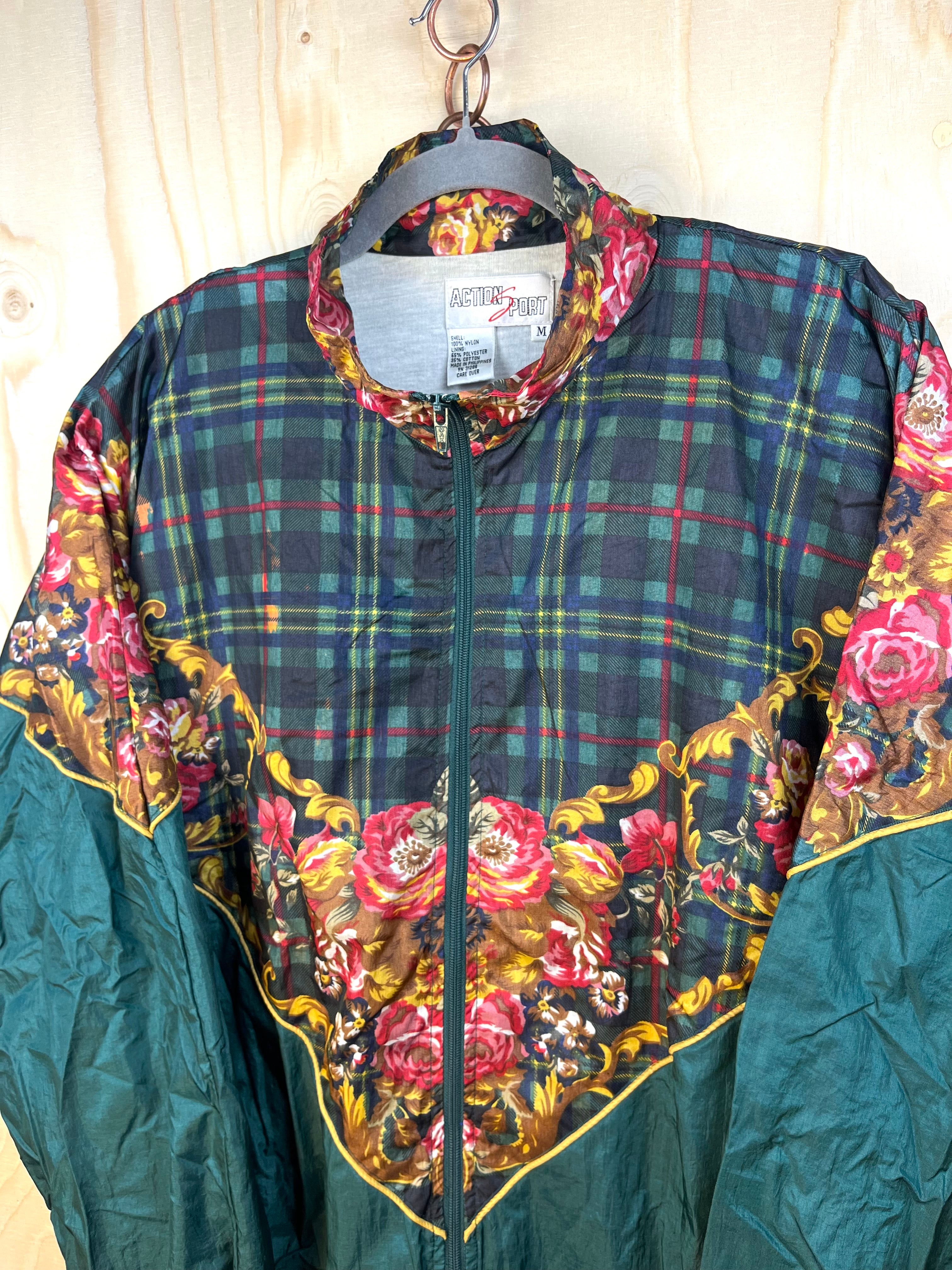 Vintage Patterned Windbreaker Jacket Floral & Tartan Green – Size M