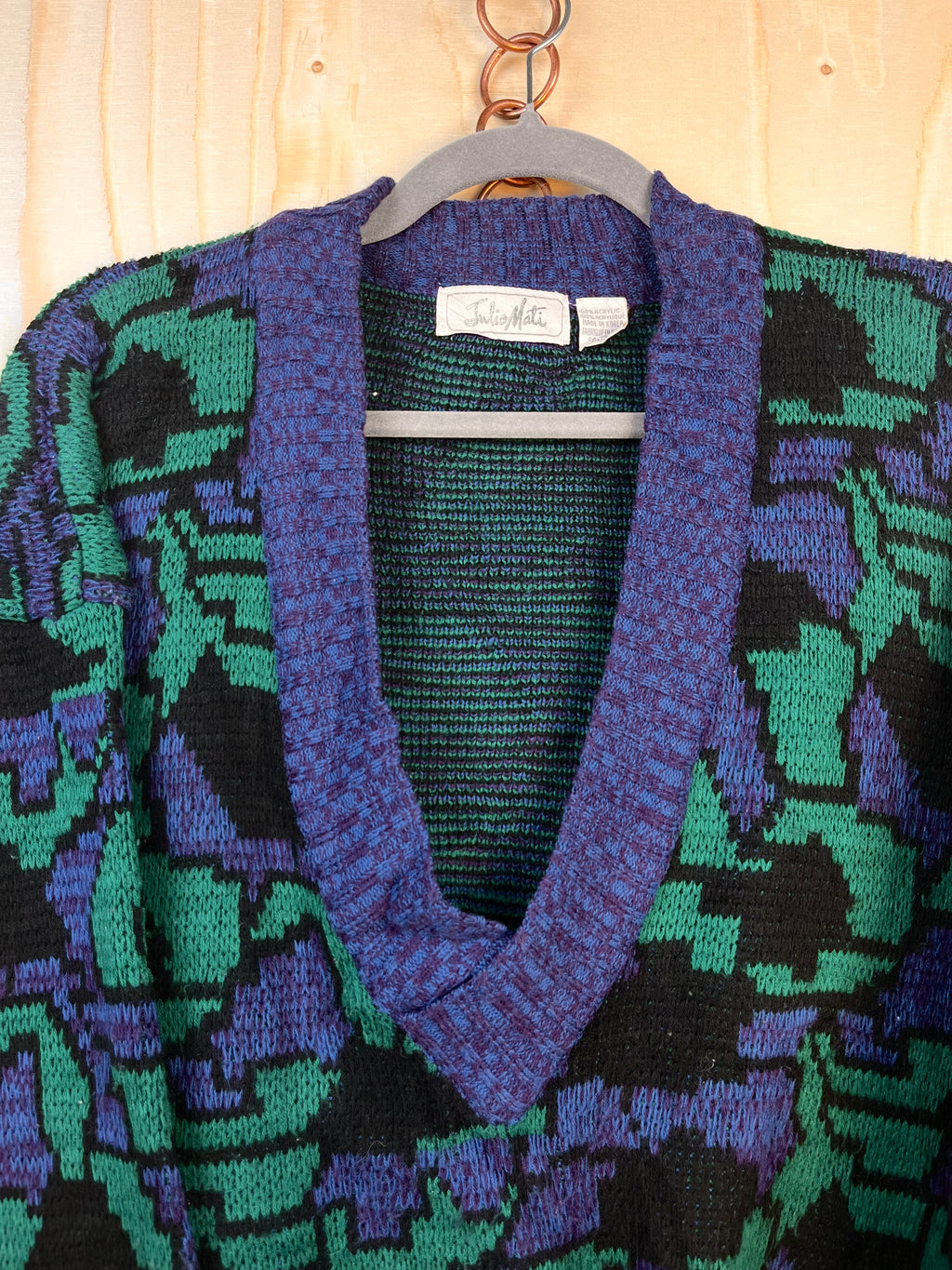 Vintage Abstract Pattern V-Neck Sweater Purple Green Oversize