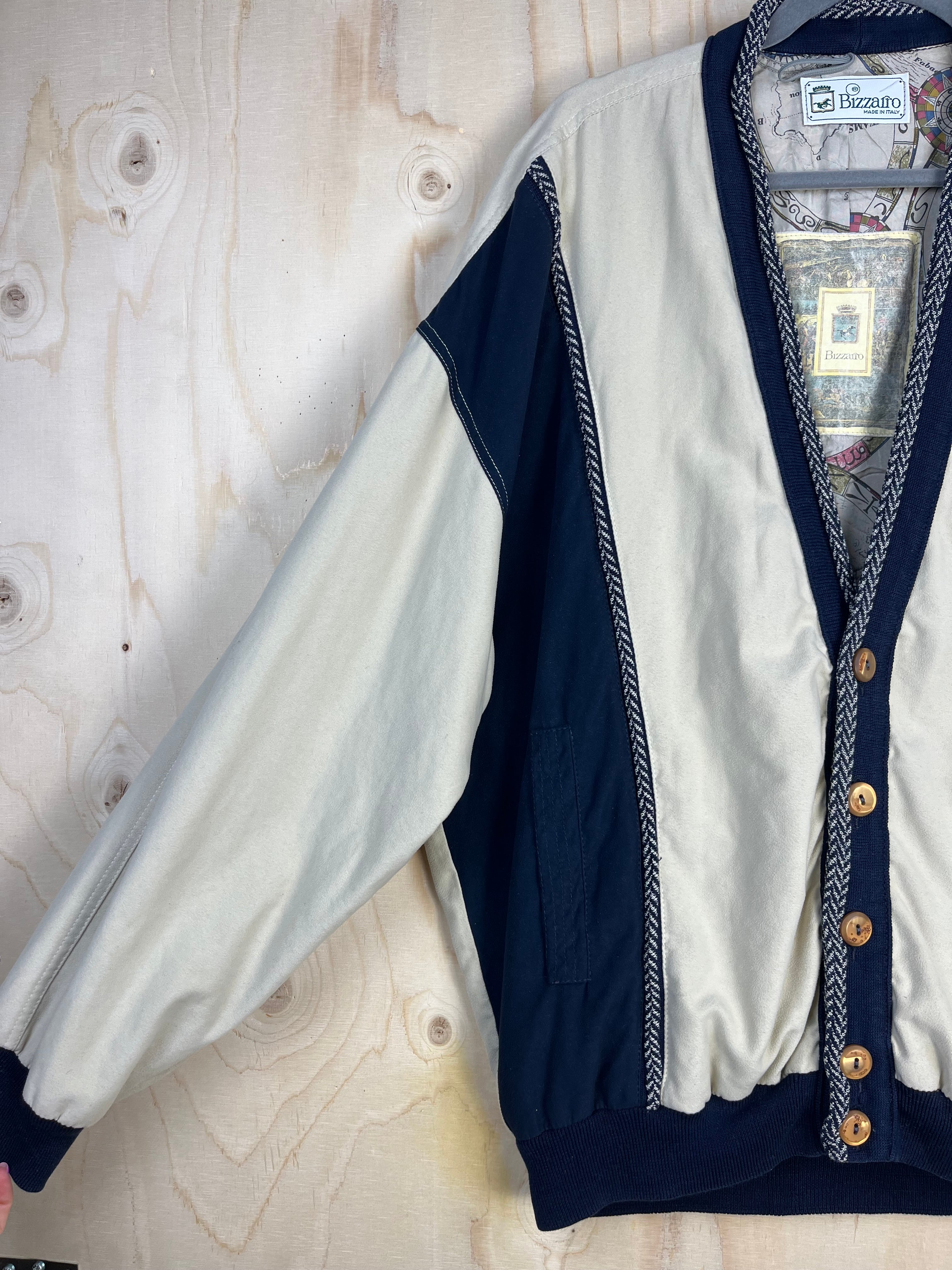 Giacca Bomber Vintage Bizzarro in Cotone Beige e Blu Navy
