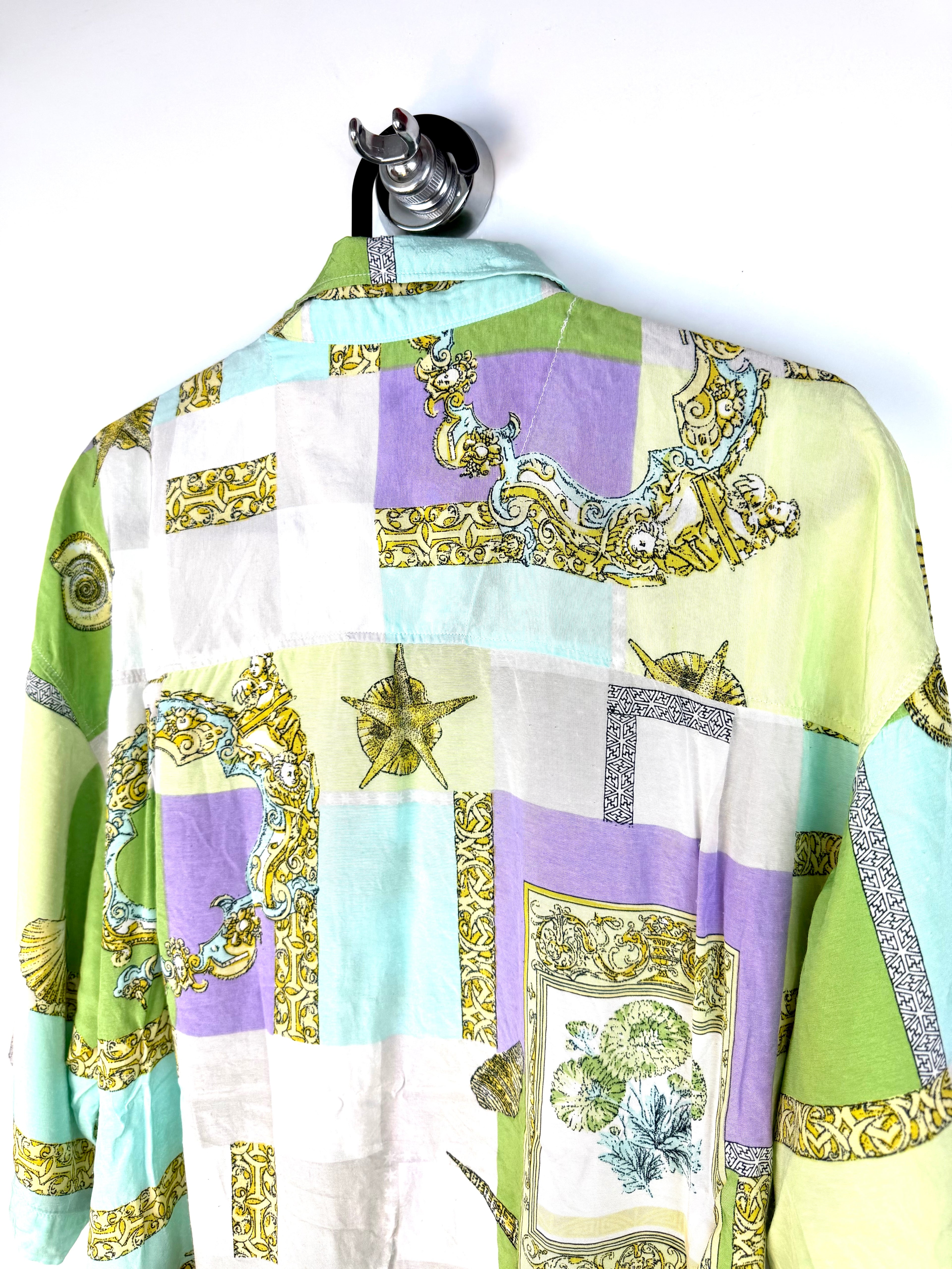 Camicia Vintage 90s in Viscosa Made in Italy Fantasia Marina Patchwork XL