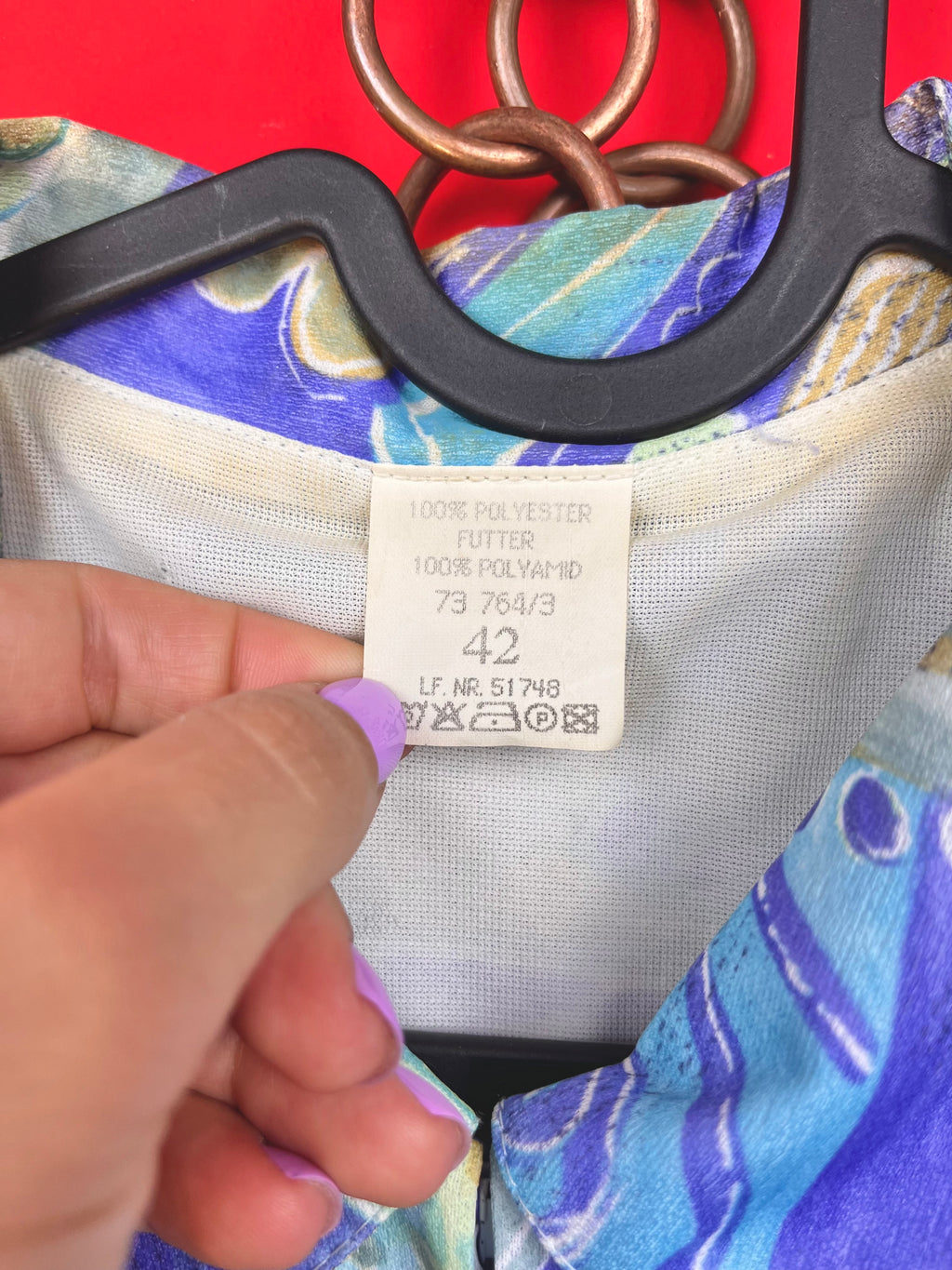 Abito vintage anni ’90 fantasia astratta lilla e azzurro