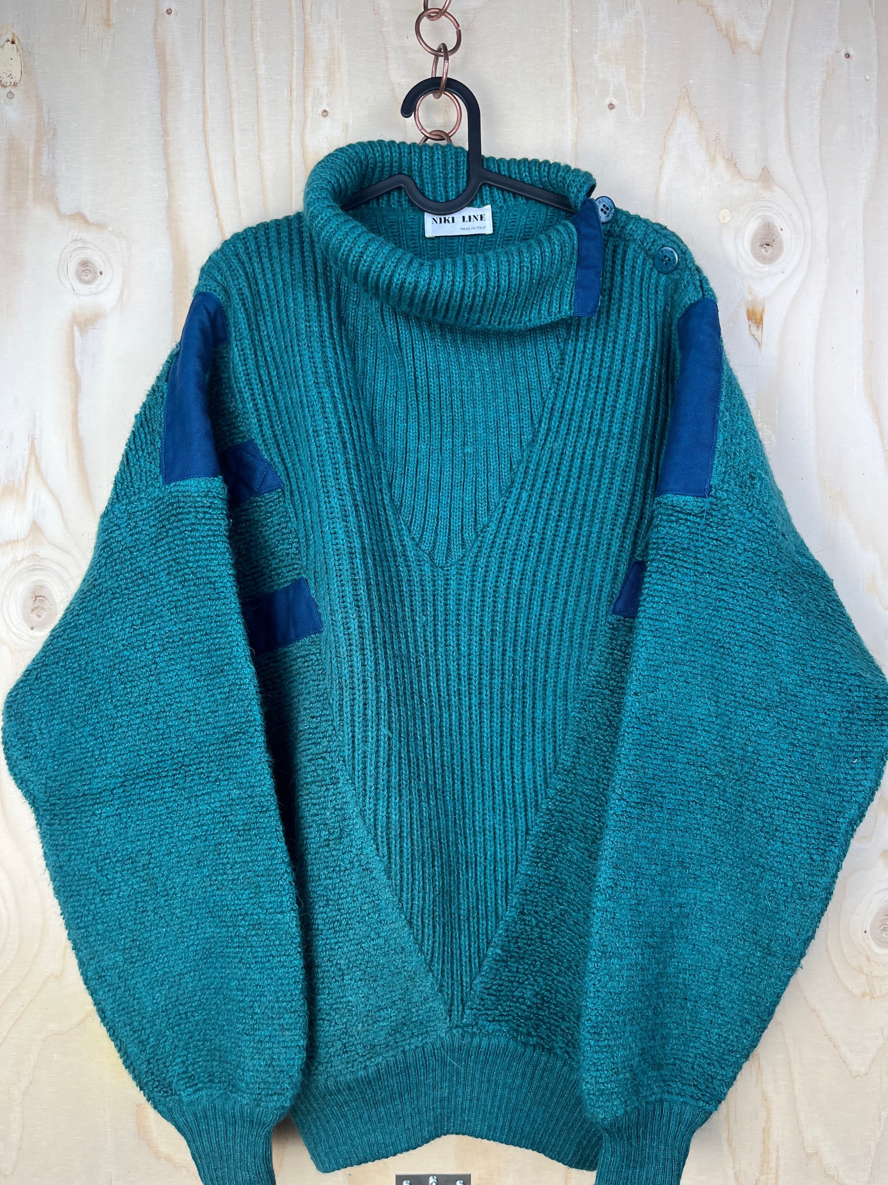 Vintage Italian Alpaca Wool Blend Turtleneck Sweater Teal Green Oversized Fit