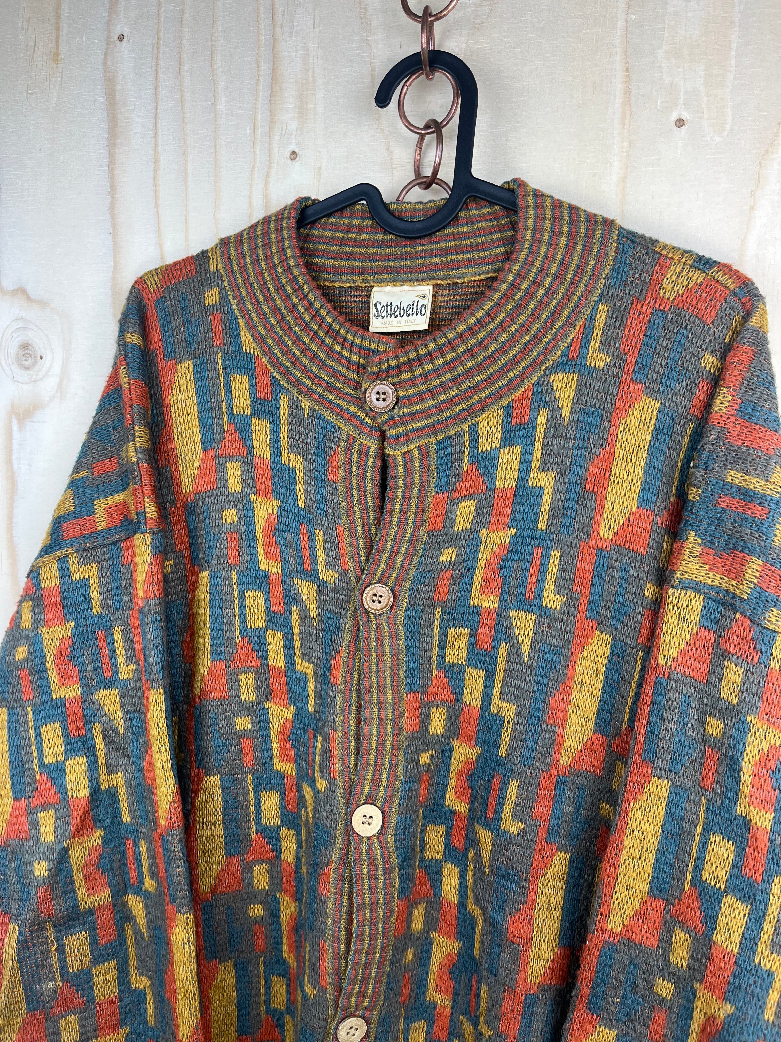 Vintage Pattern Cardigan Multicolor Wool Blend Oversized Made in Italy
