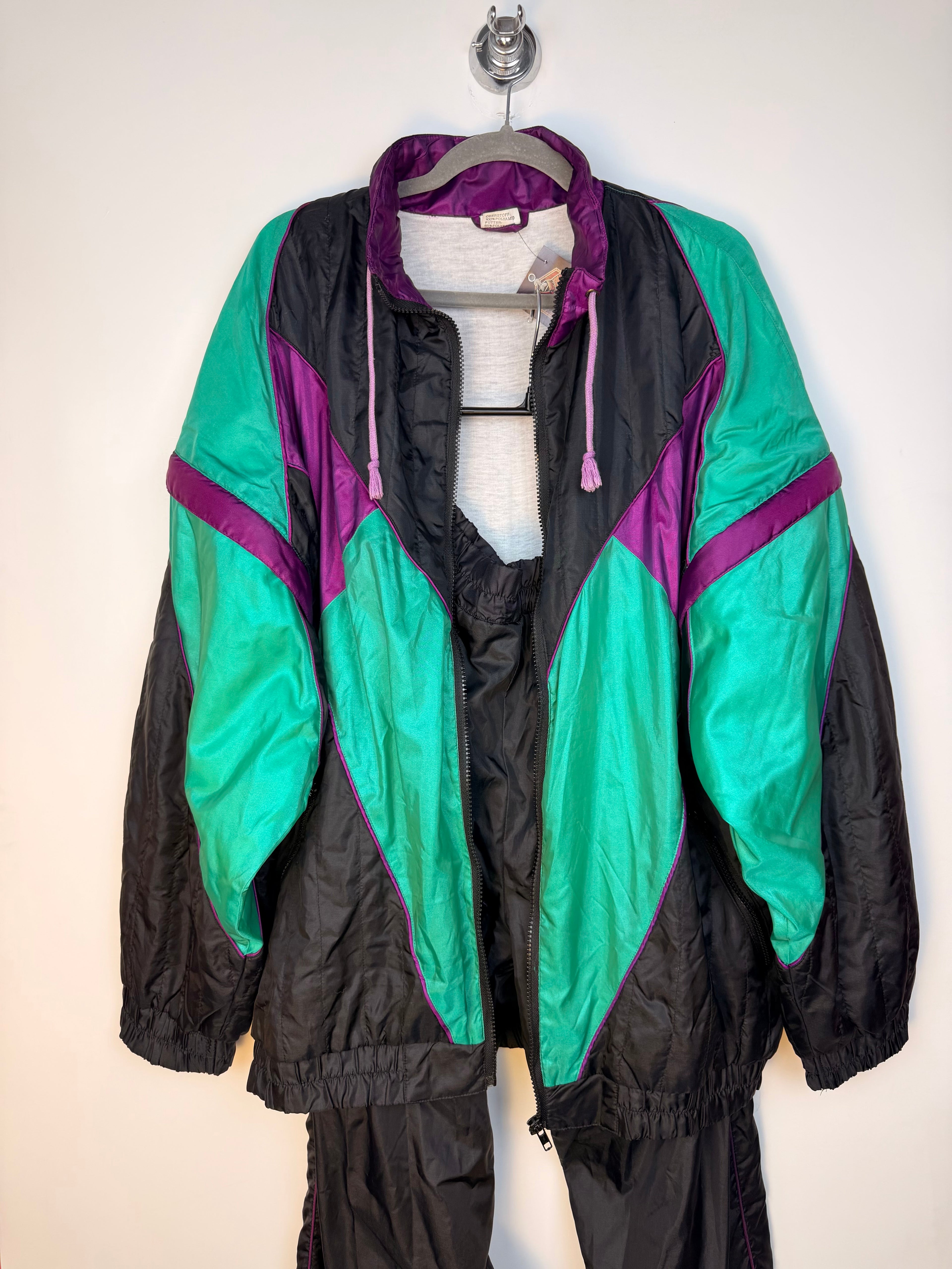 Completo Vintage Anni ’90 Color Block Nero, Verde Acqua e Viola con Maniche Removibili – XL
