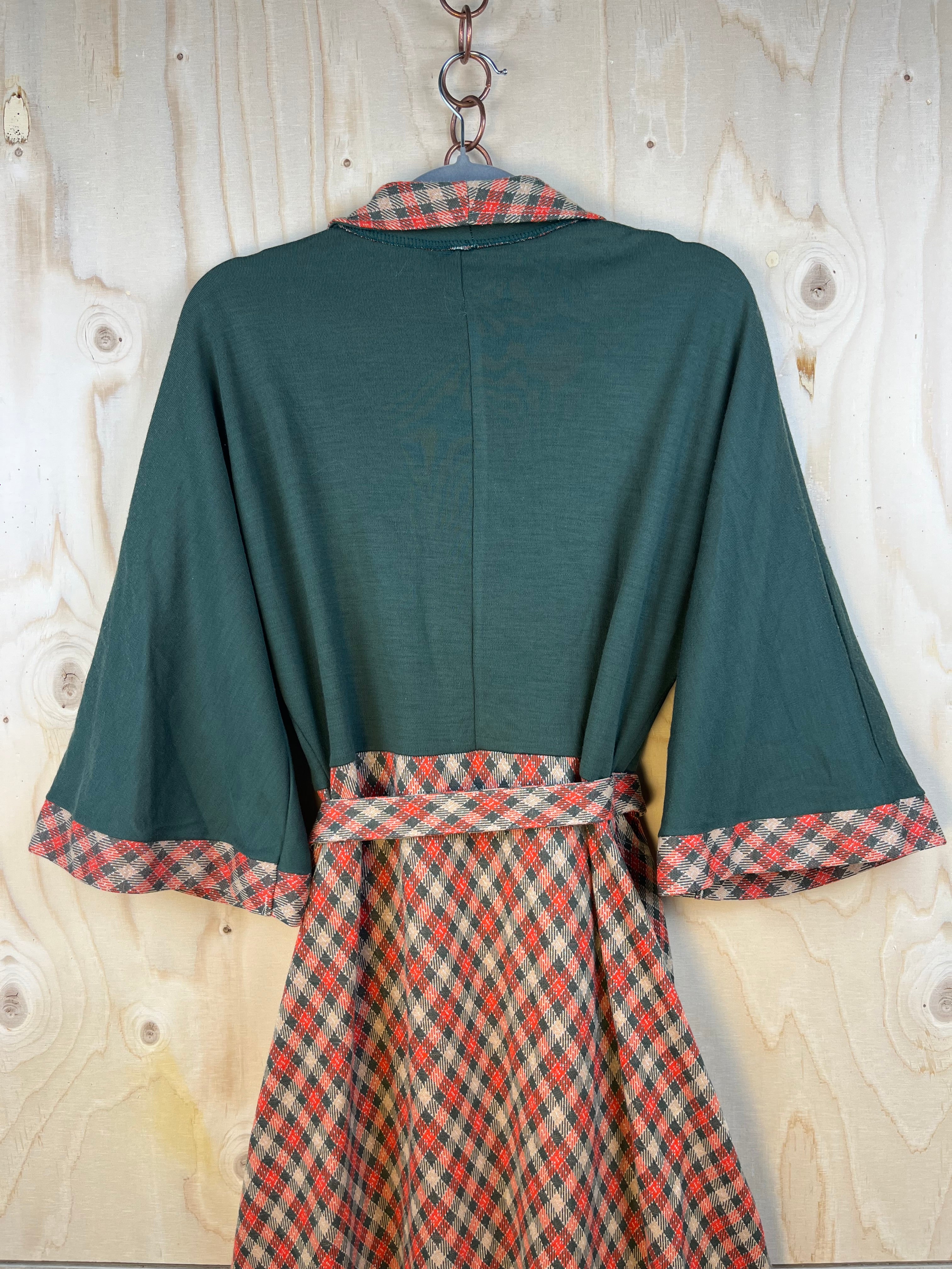 Vintage Wrap Dress Green Top Plaid Skirt Midi Dress
