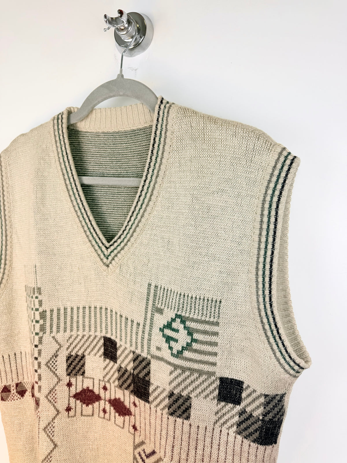Gilet vintage beige in misto lana con fantasia geometrica
