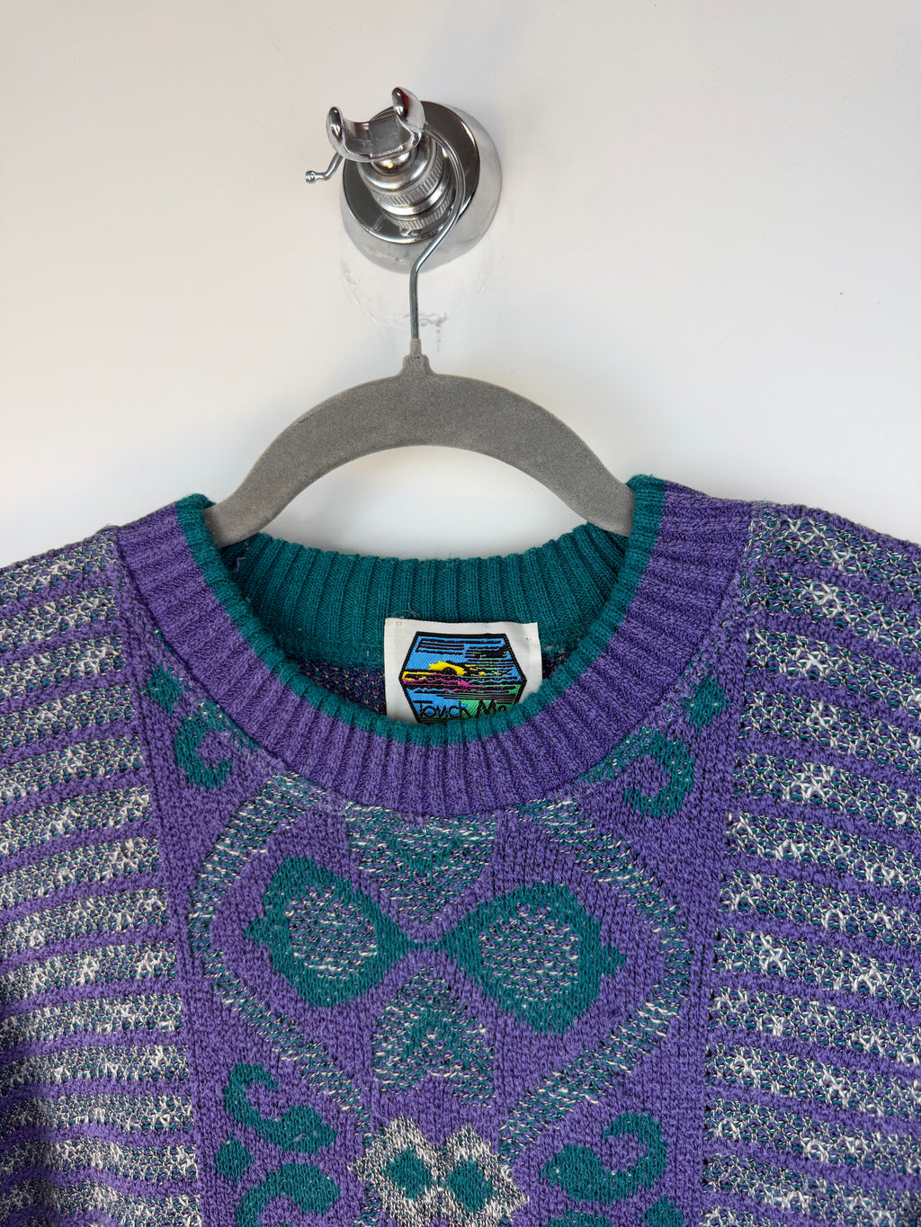 Maglione vintage jacquard viola e verde – M