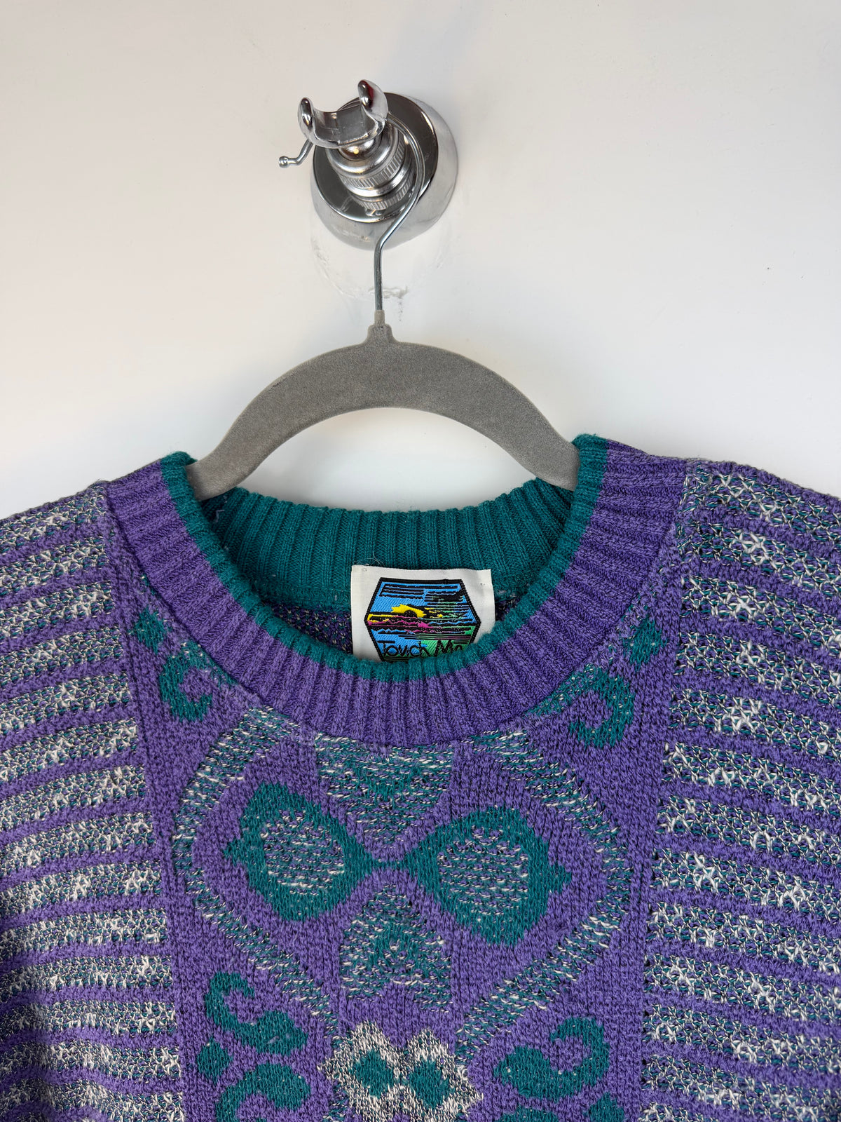Maglione vintage jacquard viola e verde – M