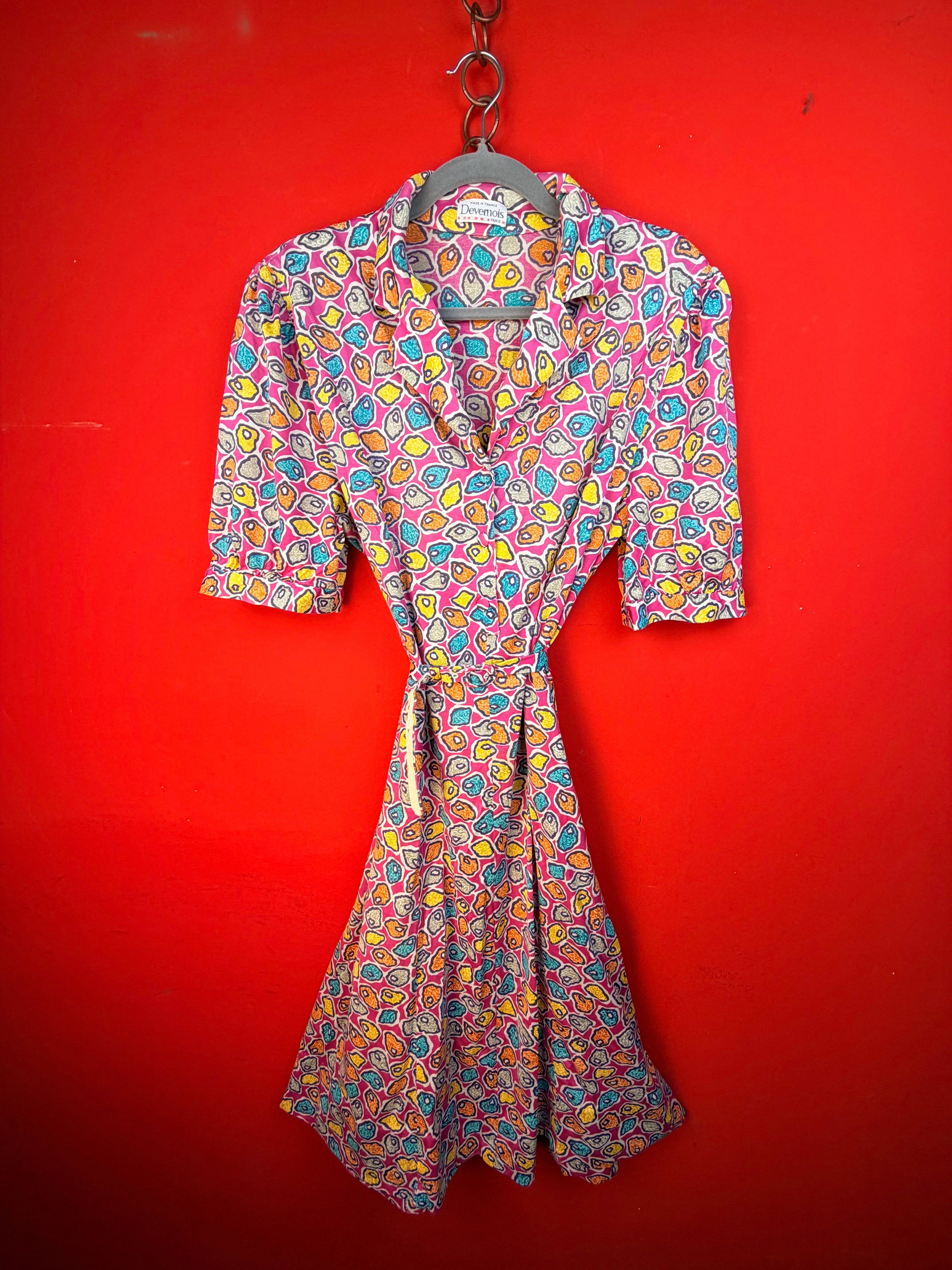 Abito vintage Devernois Paris con cintura fantasia multicolor