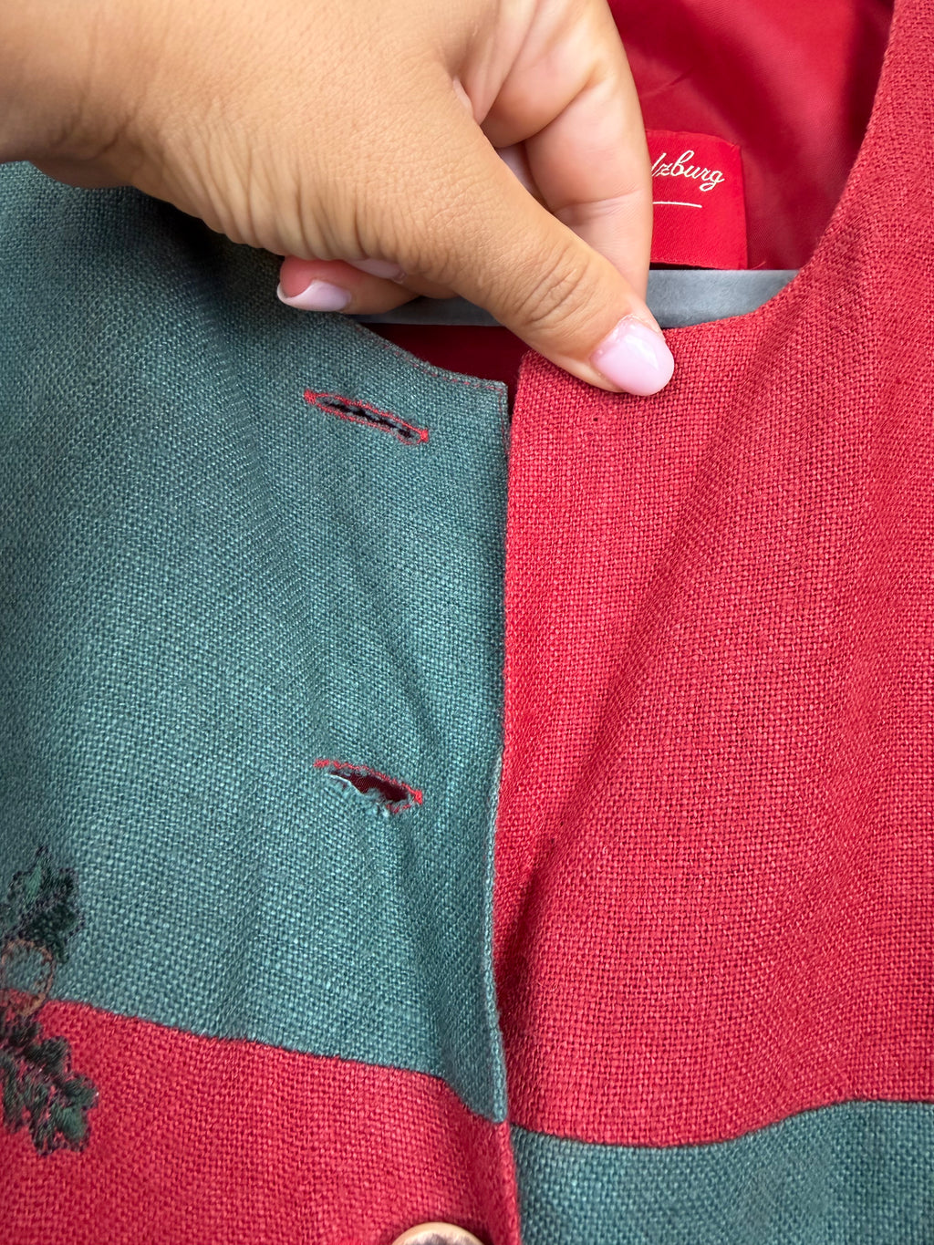 Vintage Austrian Linen Blend Dress by H. Moser – Red & Green Tirolean Maxi Dress