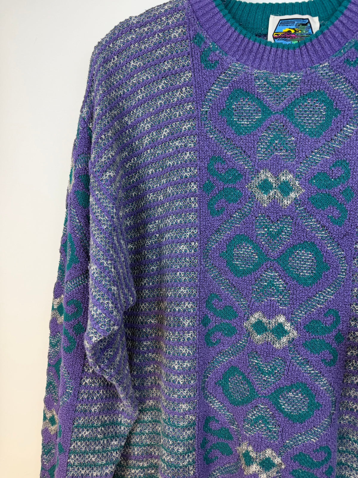 Maglione vintage jacquard viola e verde – M
