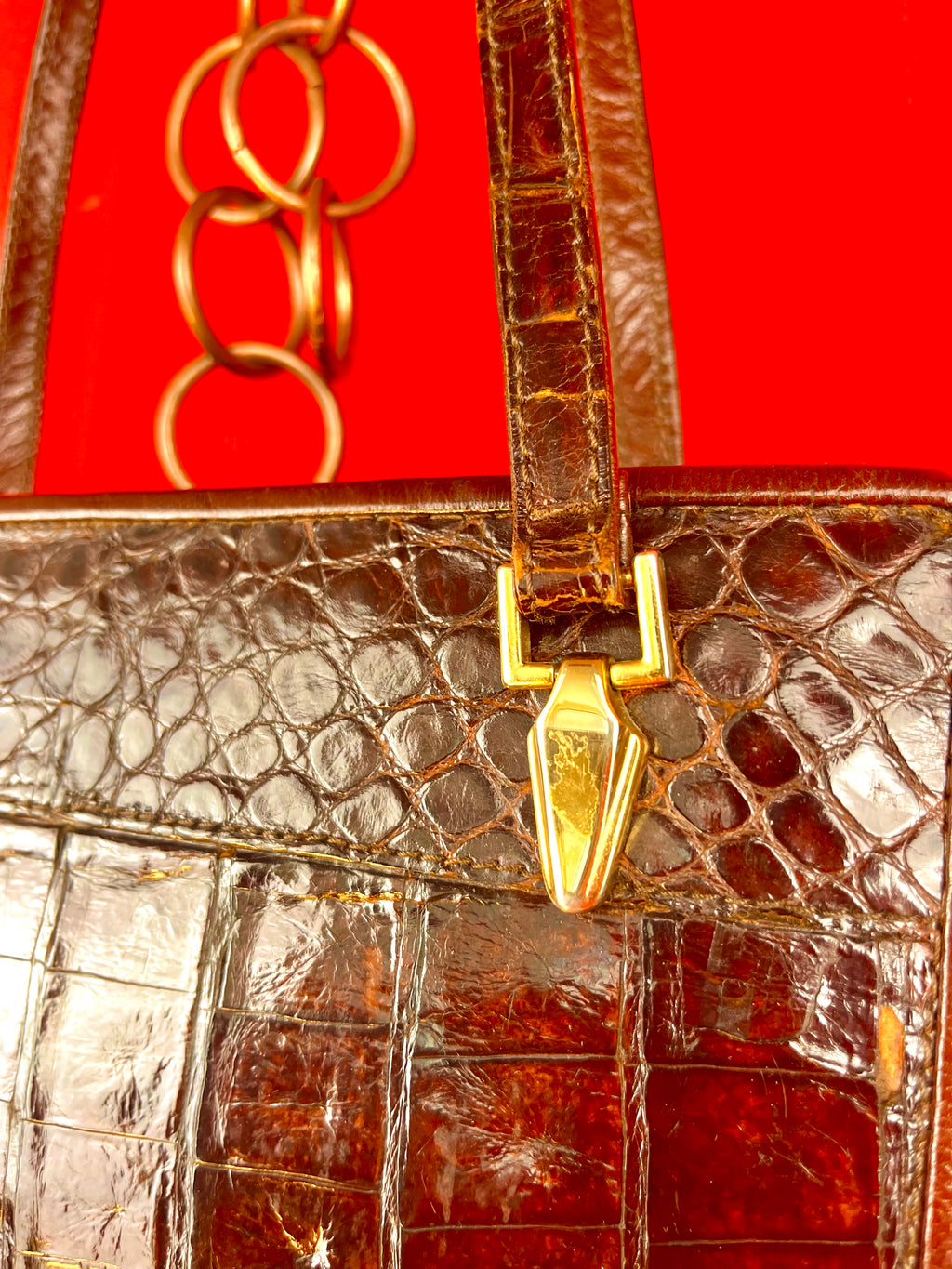 Borsa Vintage Effetto Coccodrillo Marrone Lucida Anni 90