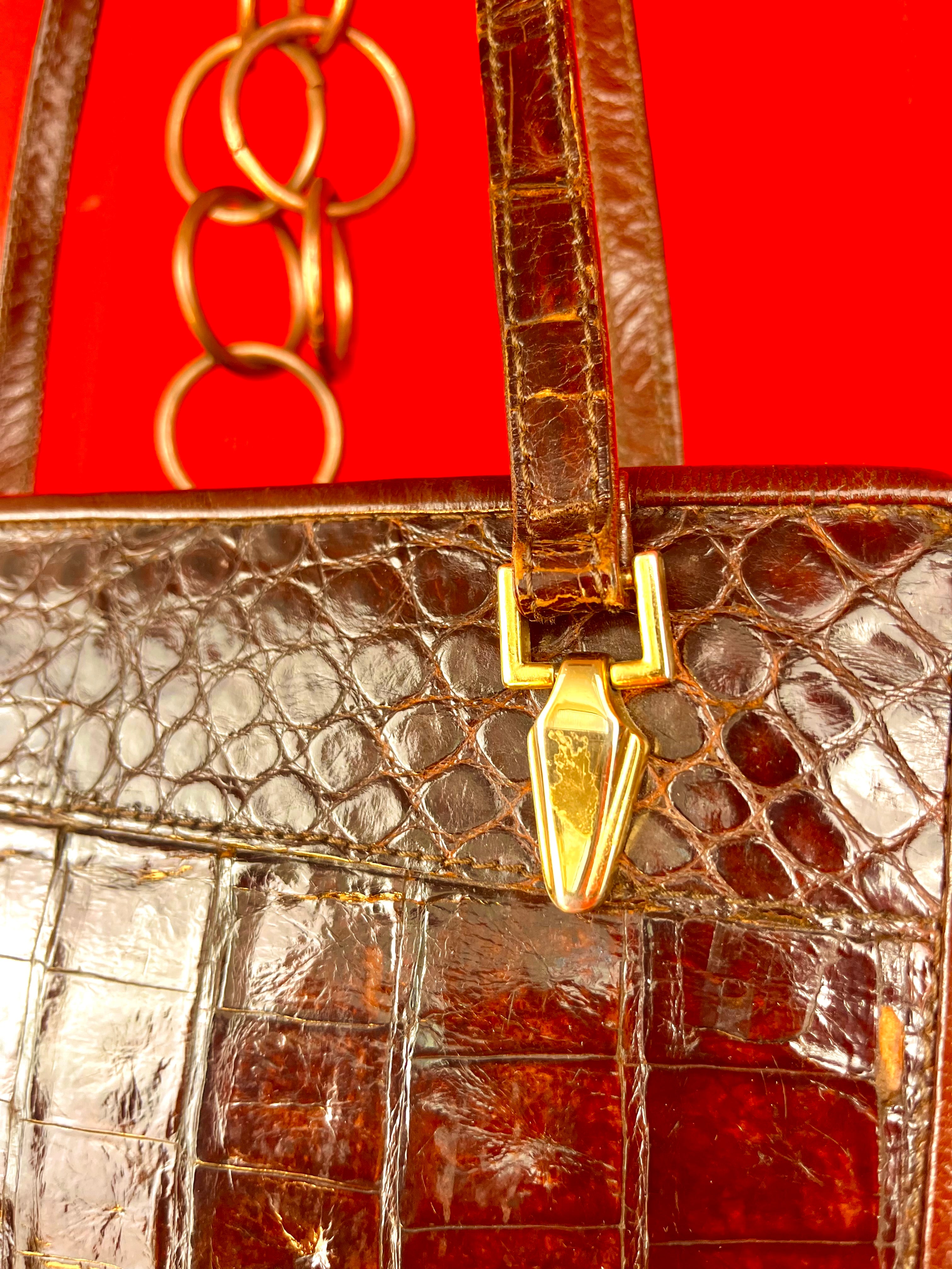 Borsa Vintage Effetto Coccodrillo Marrone Lucida Anni 90