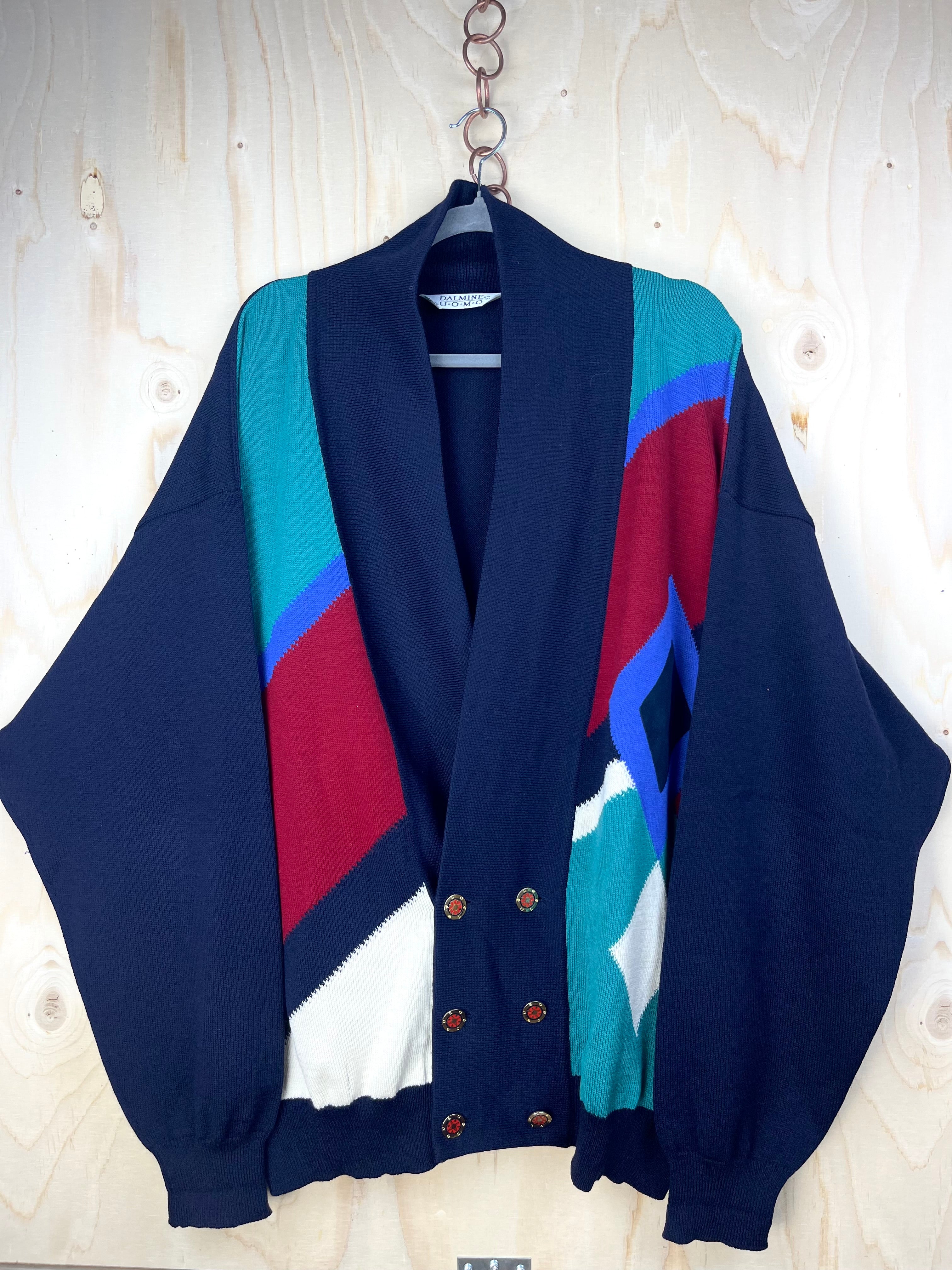 Vintage Italian Pure Wool Cardigan Geometric Pattern Navy Blue Oversized Fit