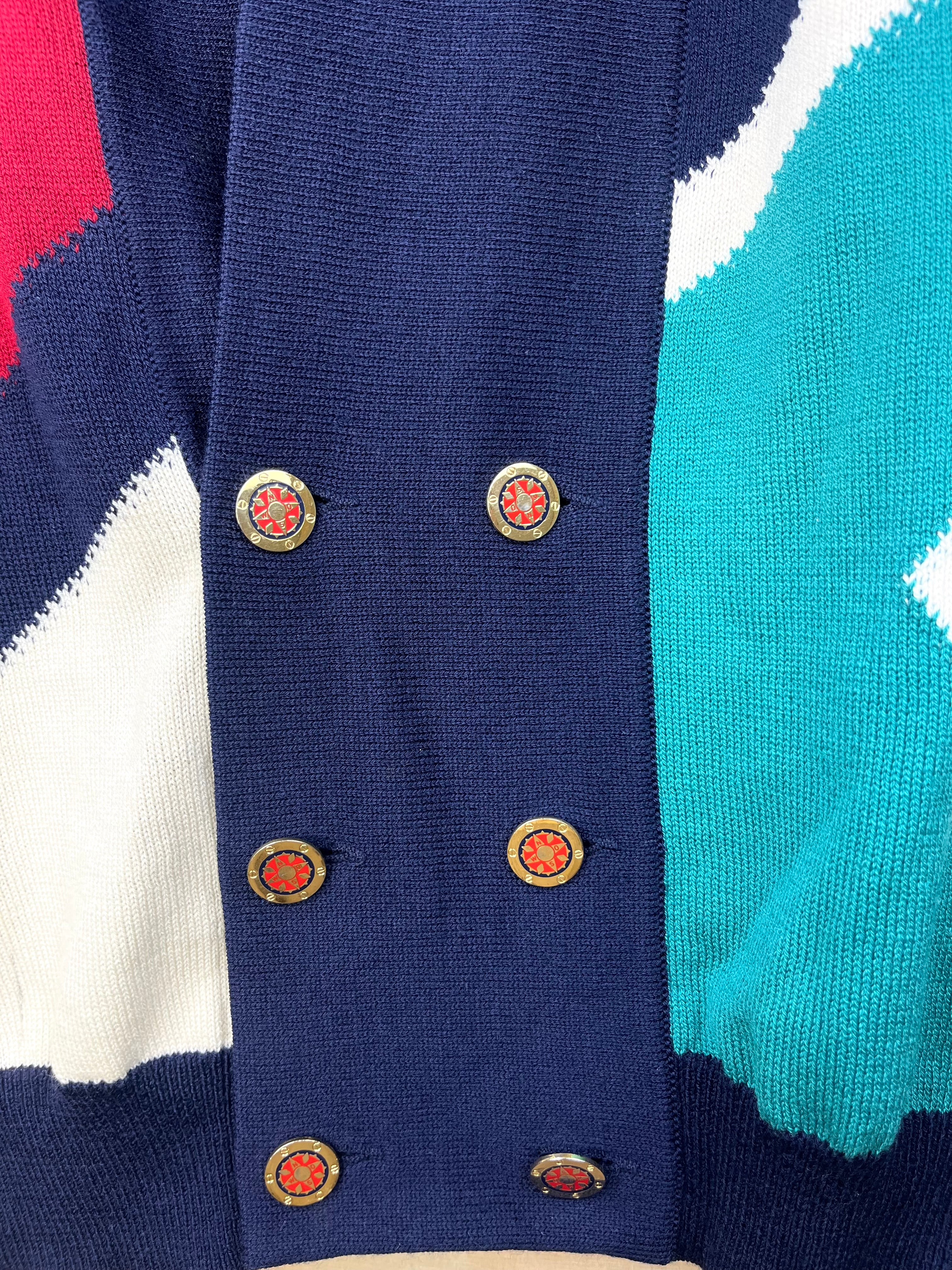 Vintage Italian Pure Wool Cardigan Geometric Pattern Navy Blue Oversized Fit