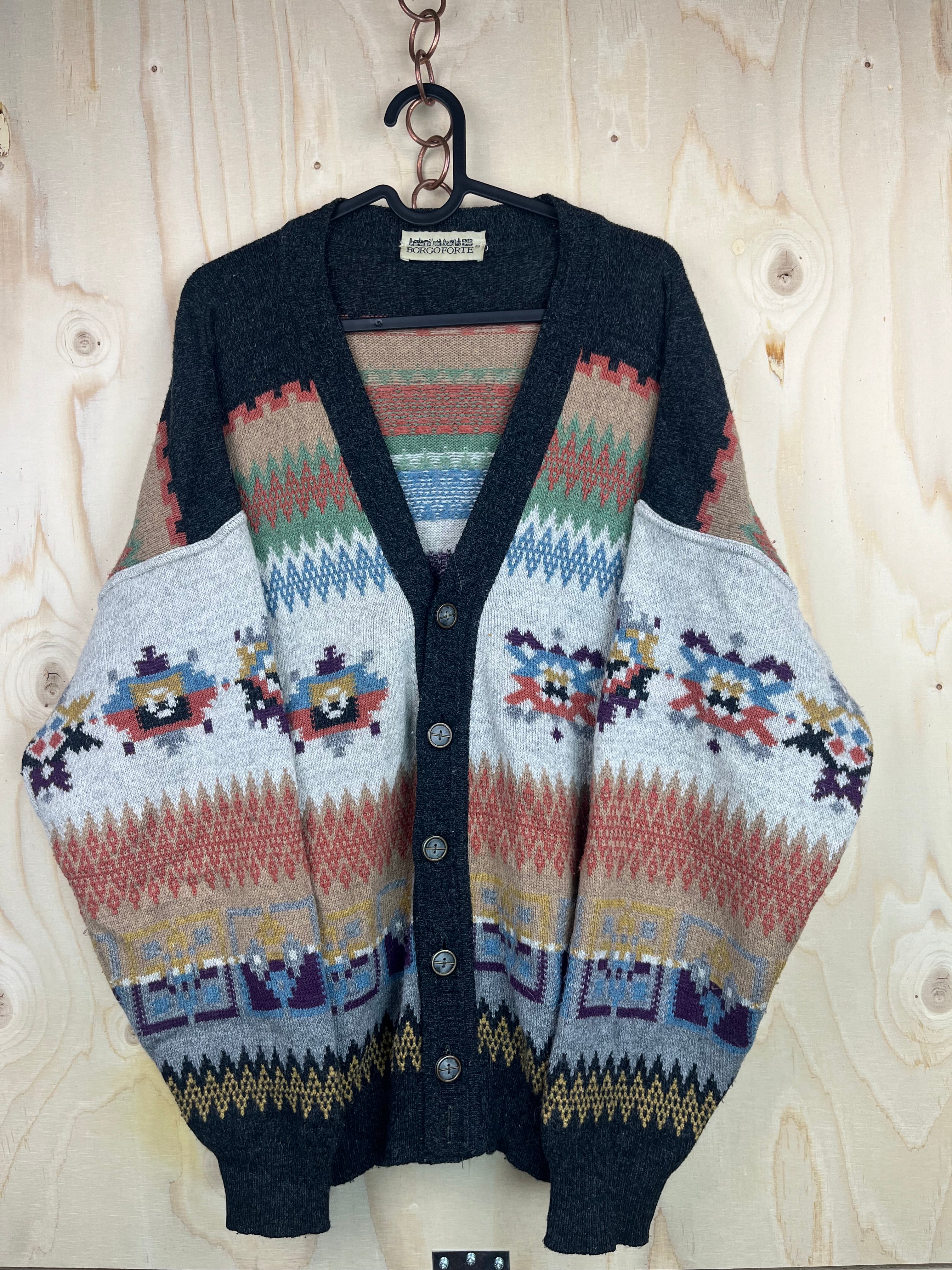 Vintage Patterned Wool Blend Cardigan – Nordic Style Oversized