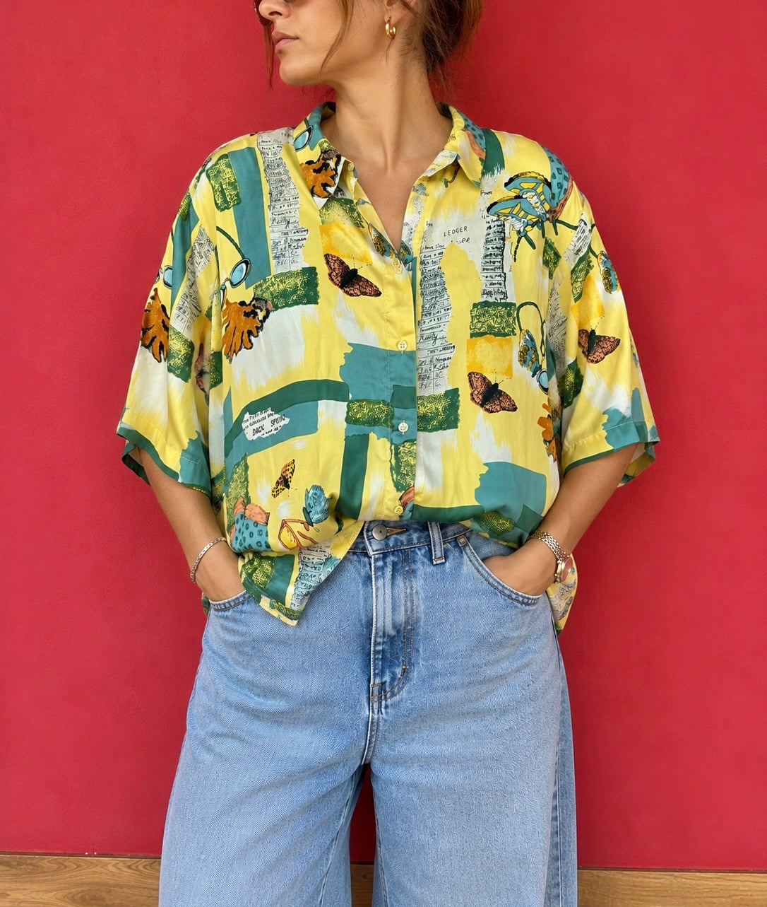 Camicia vintage 100% seta fantasia astratta gialla e verde