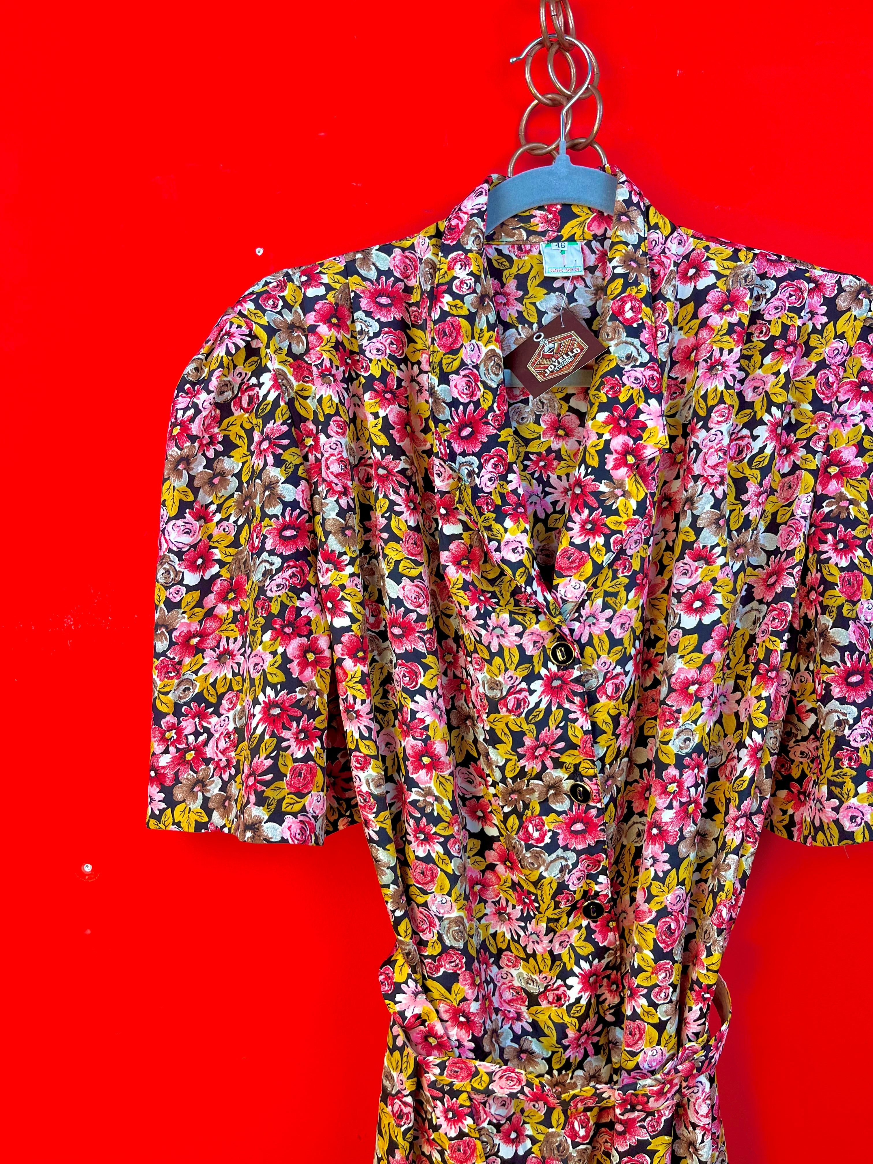Vintage Floral Dress Made in Italy Belted 90s Midi Dress