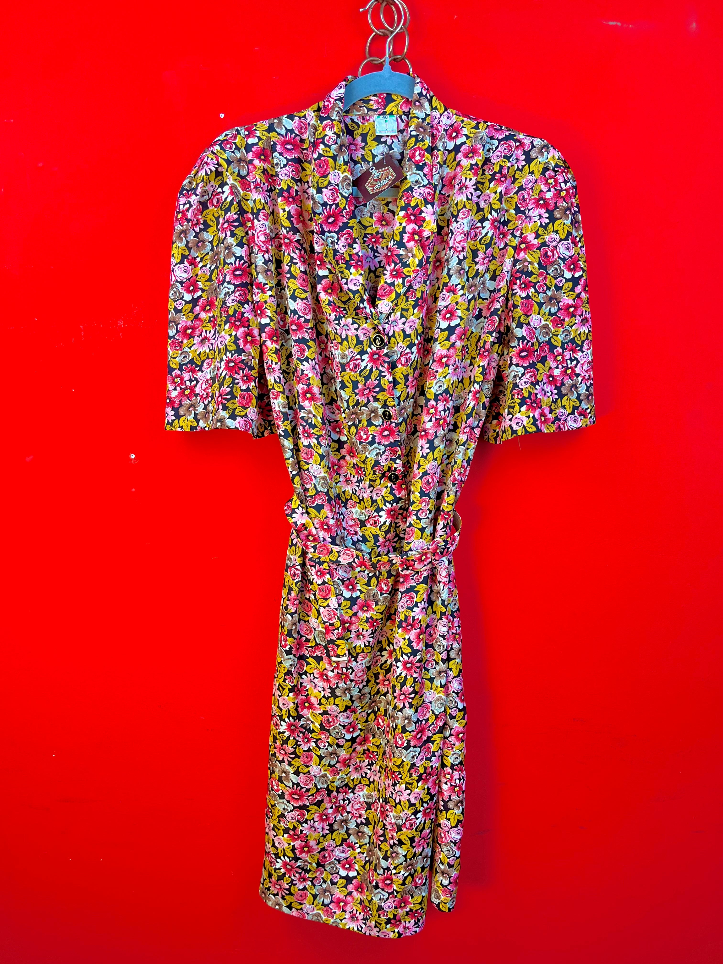 Vintage Floral Dress Made in Italy Belted 90s Midi Dress