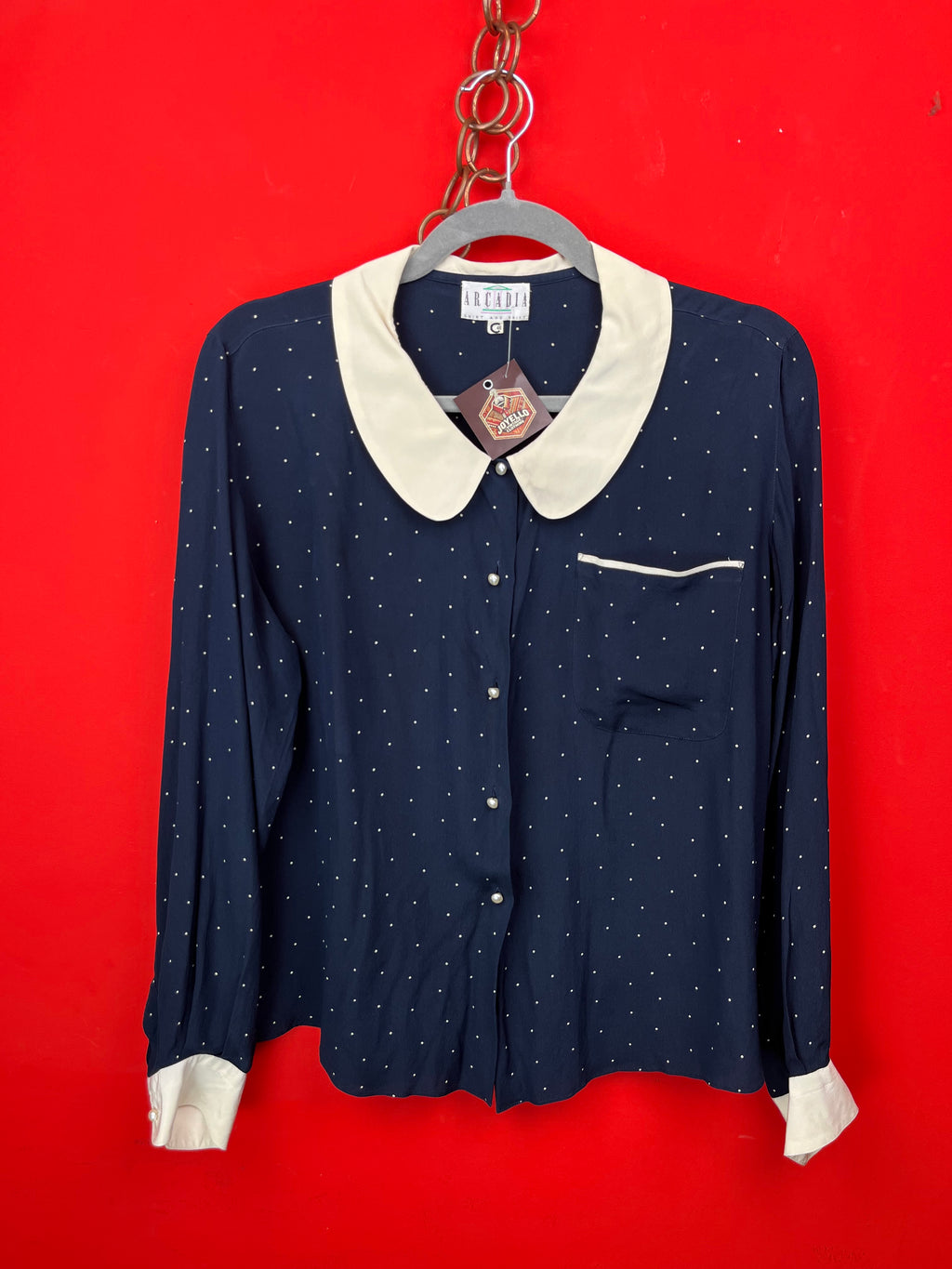 Blusa Vintage In Seta A Pois Con Colletto Peter Pan