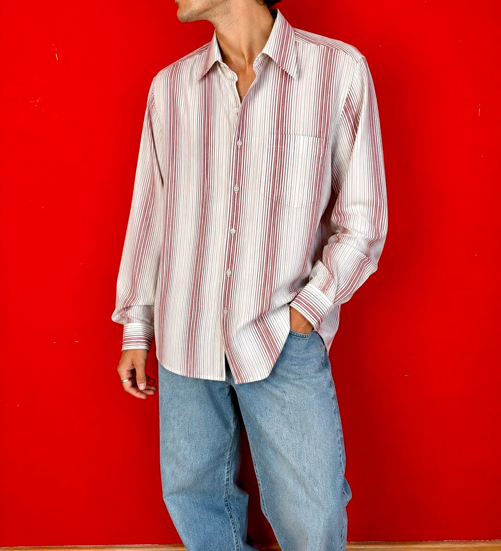 Vintage Camicia Uomo a Righe Bordeaux in Cotone 95% – Taschino Frontale