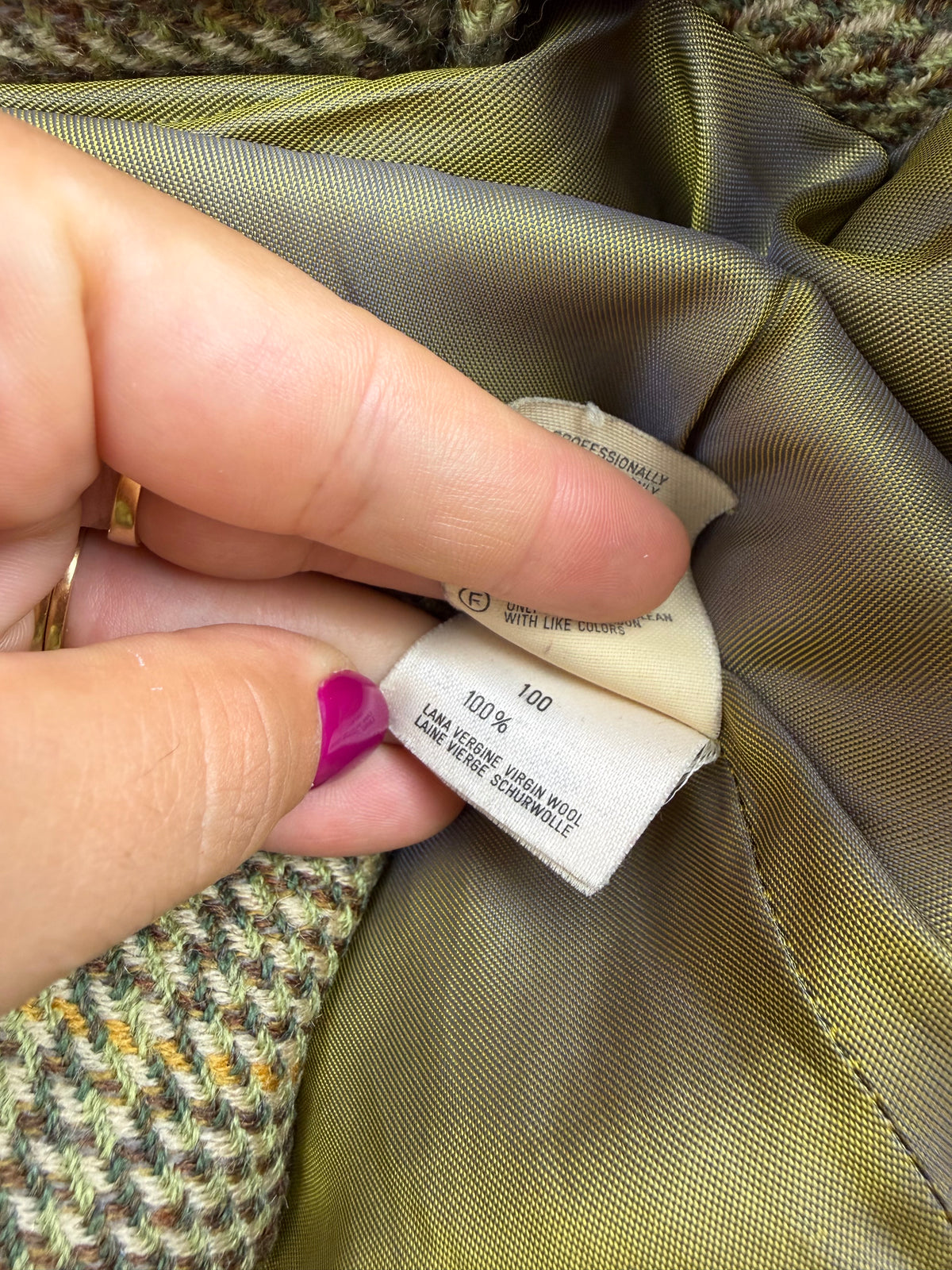 Blazer vintage 80s in lana vergine – check verde e collo a contrasto