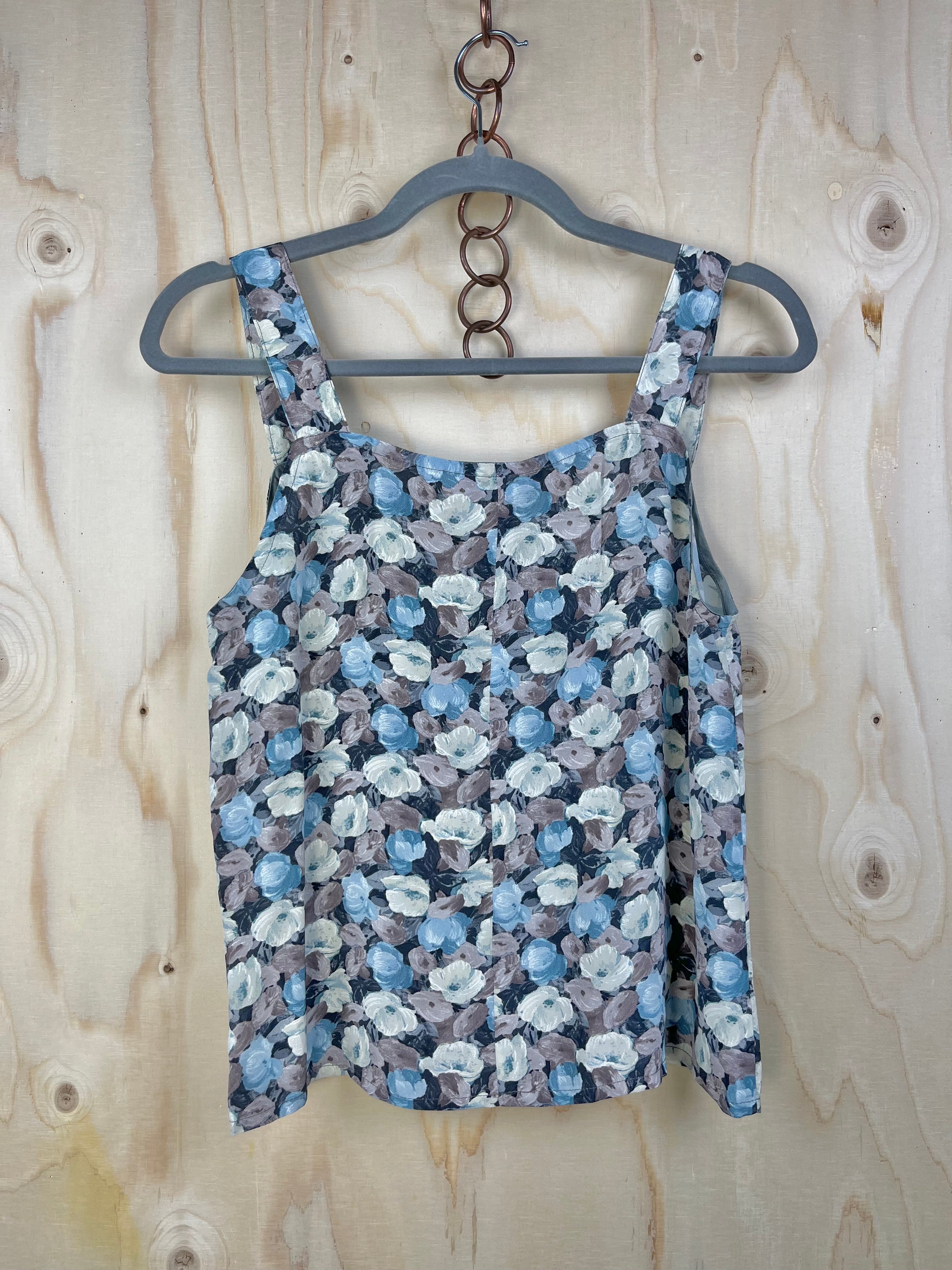 Vintage Pure Silk Floral Top Blue Grey – Soft Romantic Fit