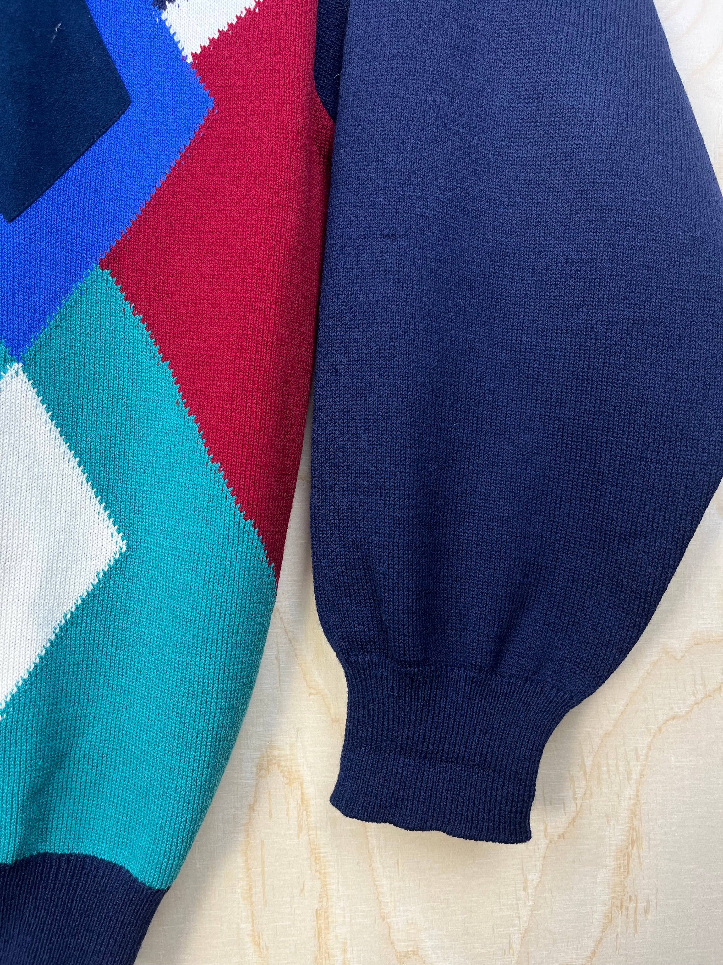 Vintage Italian Pure Wool Cardigan Geometric Pattern Navy Blue Oversized Fit
