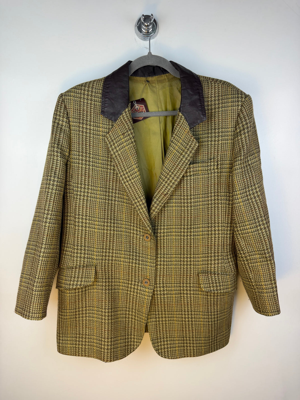 Blazer vintage 80s in lana vergine – check verde e collo a contrasto