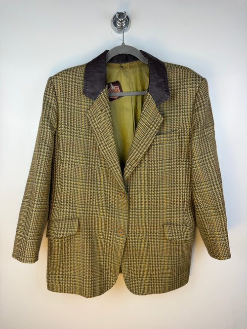 Blazer vintage 80s in lana vergine – check verde e collo a contrasto