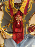 Upcycled Vintage Tie Necklace with Removable Gold Pearl Brooch