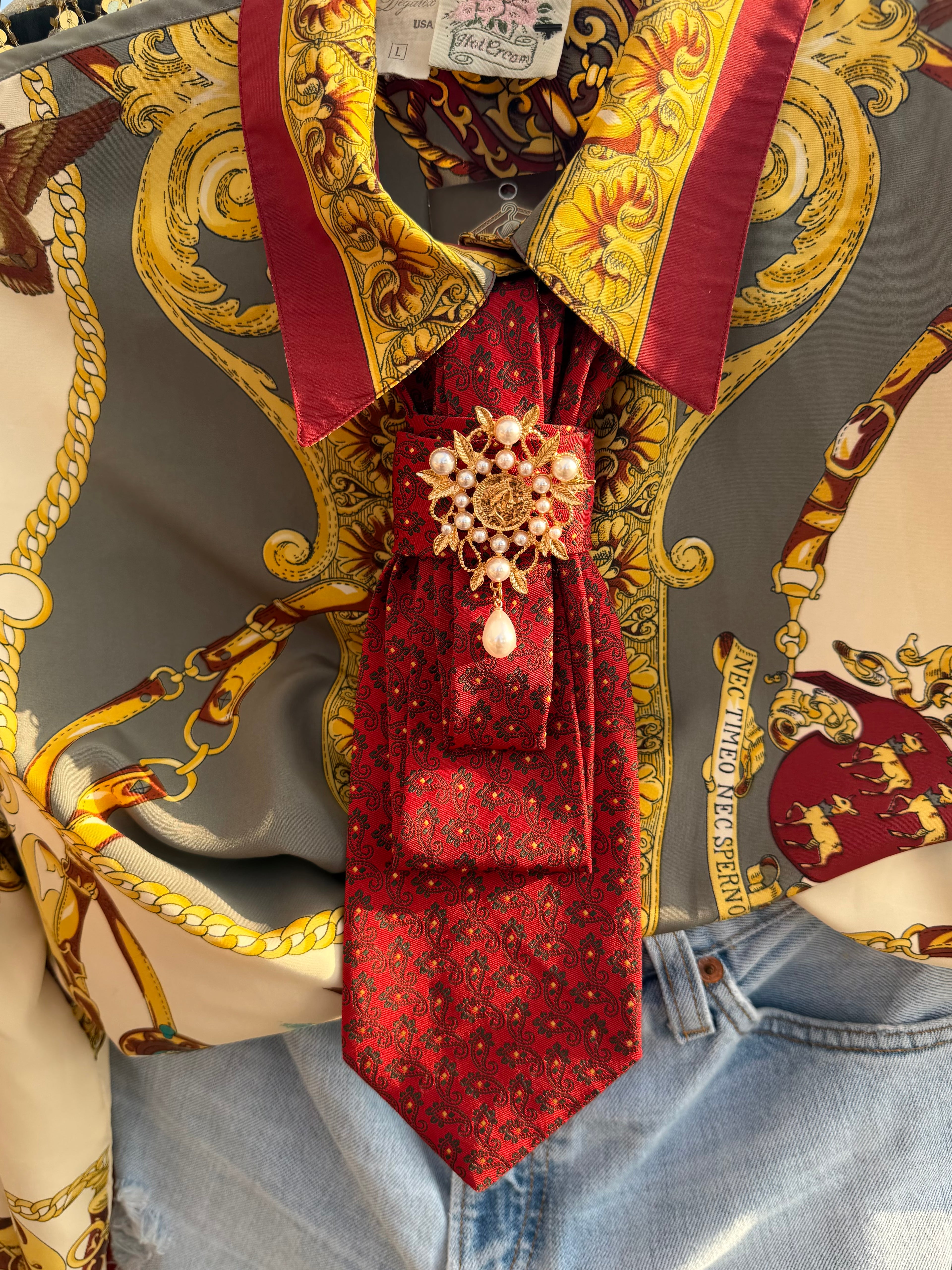 Upcycled Vintage Tie Necklace with Removable Gold Pearl Brooch