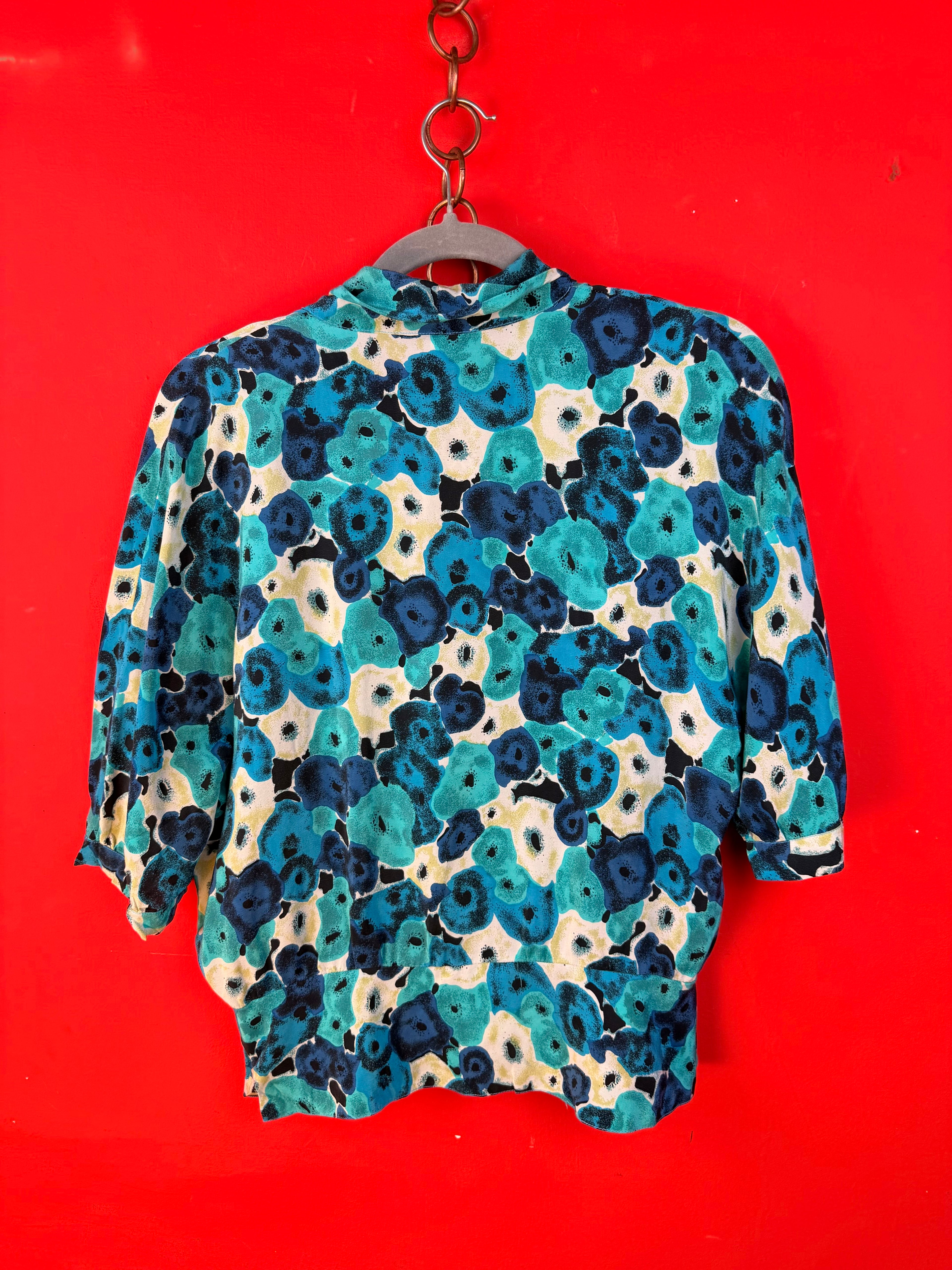 Blusa Vintage 100% Seta Fantasia Blu e Turchese