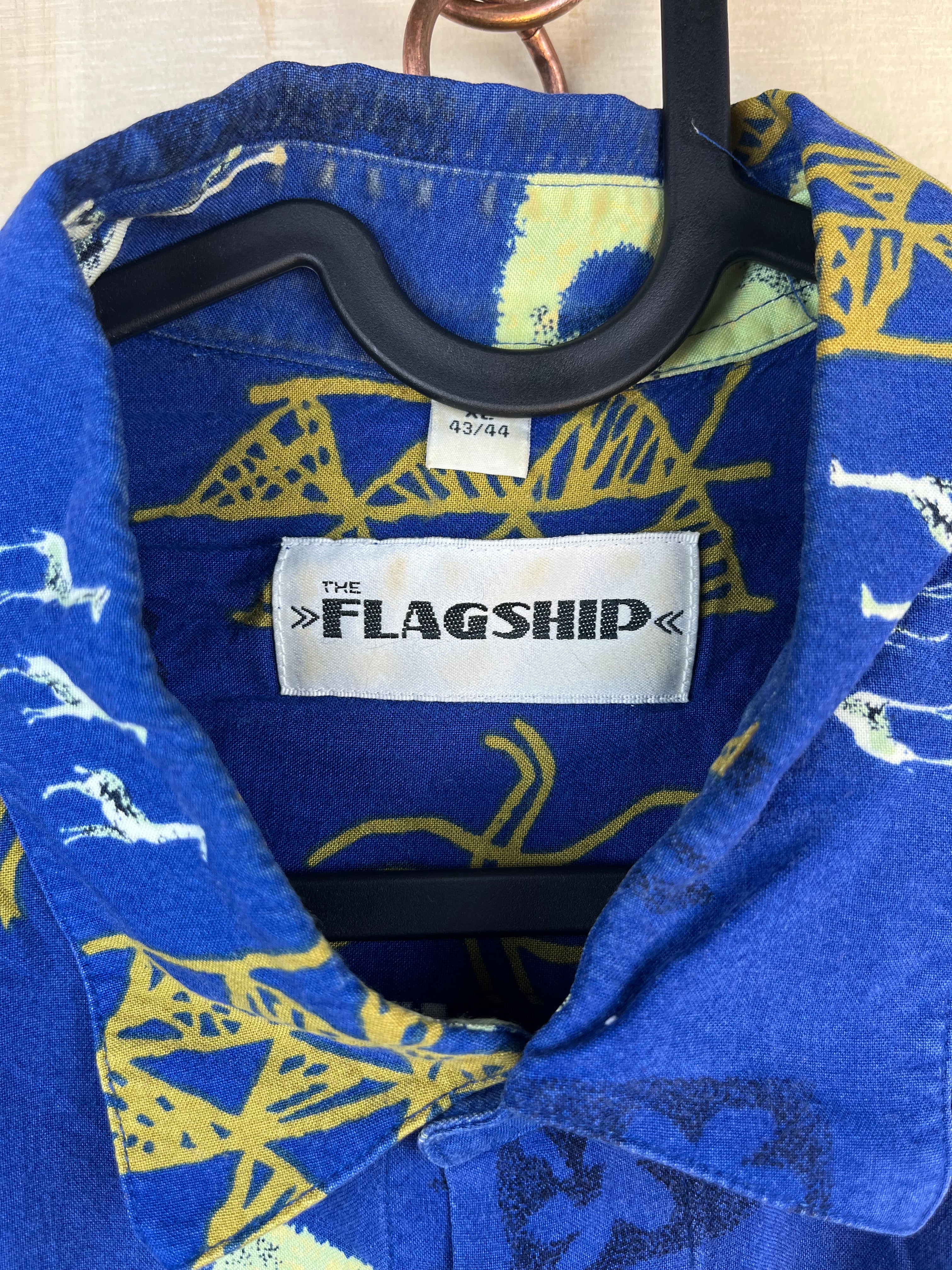 Vintage Abstract Print Short Sleeve Shirt Blue Oversized Summer Shirt XL