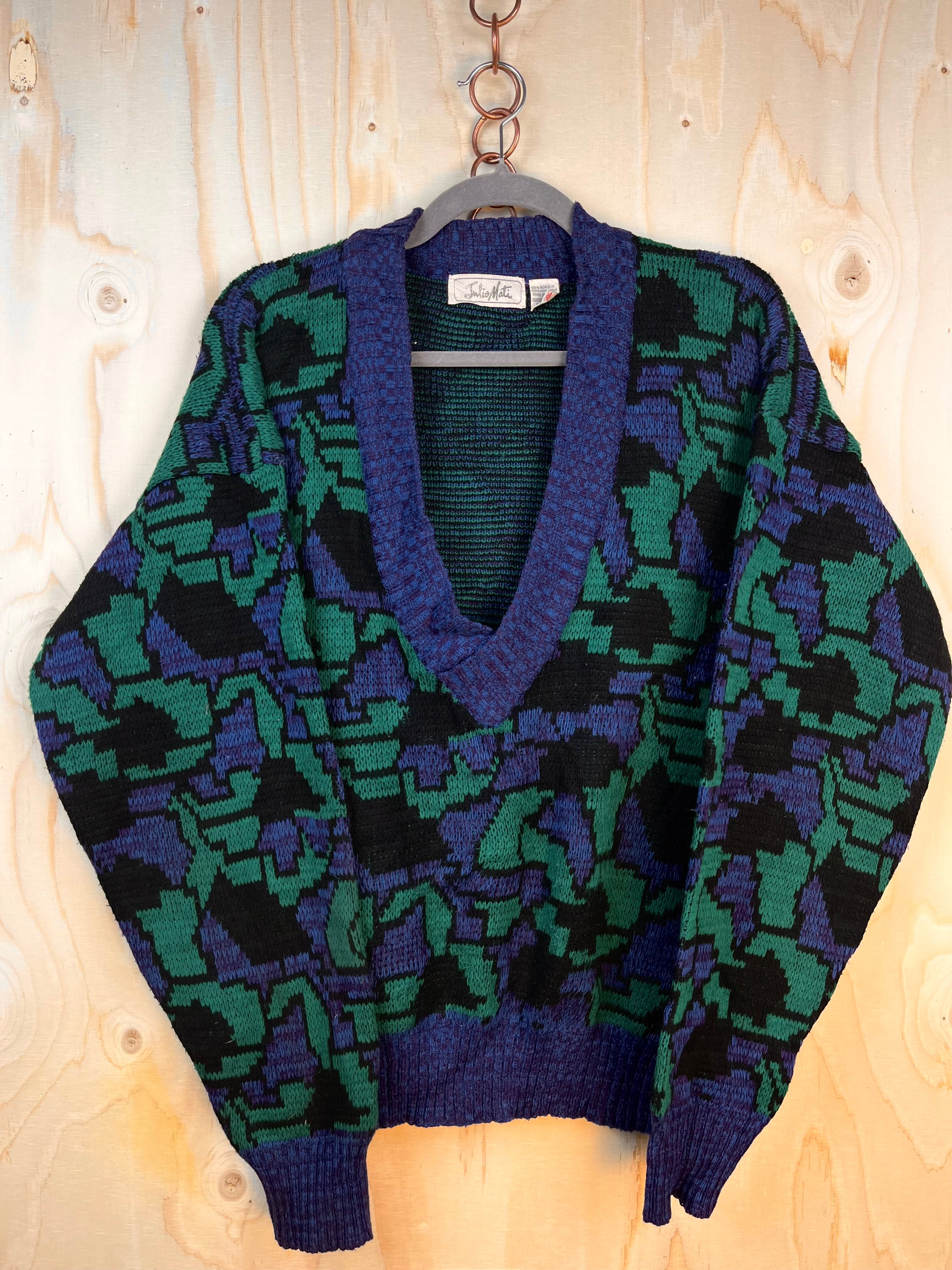 Vintage Abstract Pattern V-Neck Sweater Purple Green Oversize