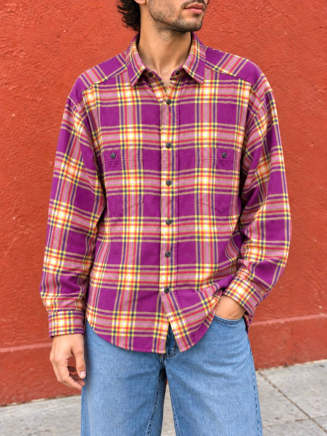 Camicia vintage tartan viola e verde lime