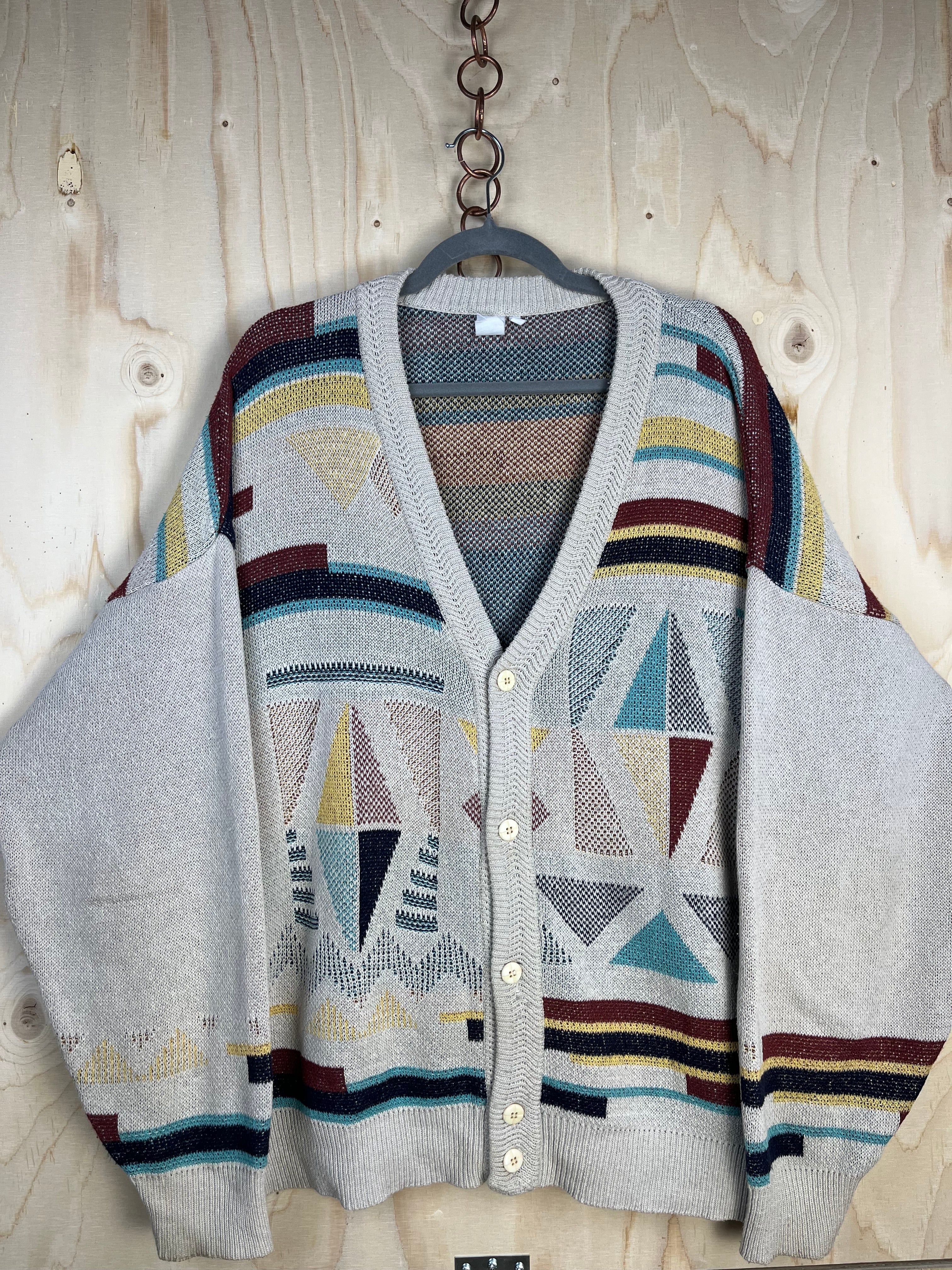 Vintage Geometric Pattern Cardigan Oversize Cotton Blend 90s