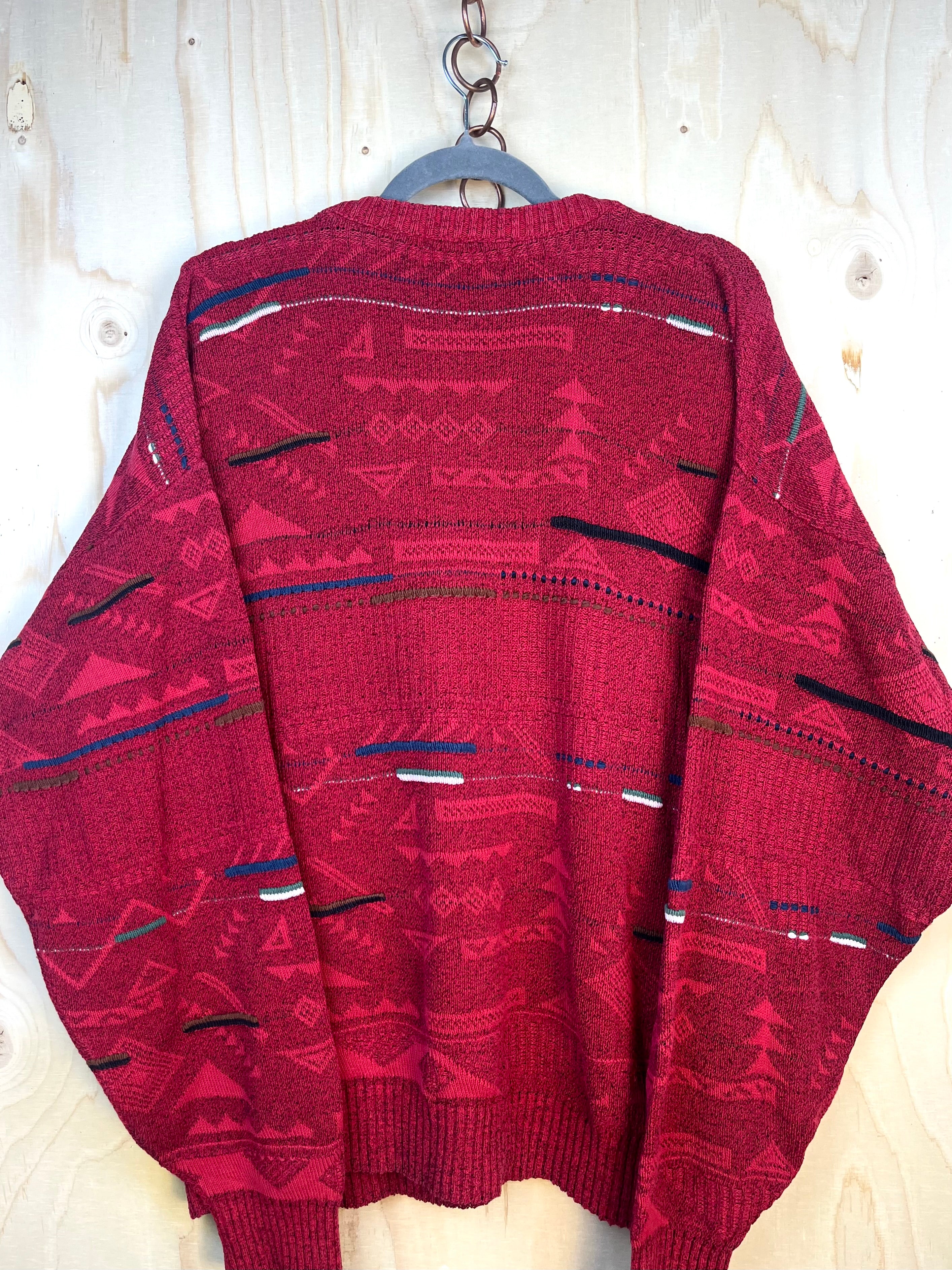 Vintage 90s London Fog Pattern Knit Sweater Red Made in USA