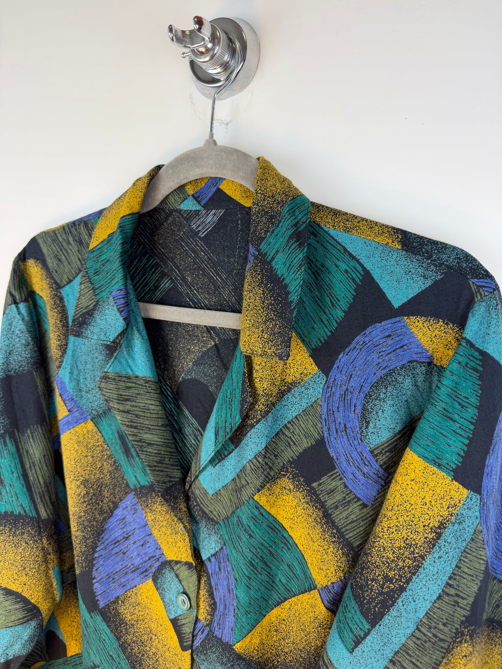 Camicia vintage fantasia geometrica – turchese e senape