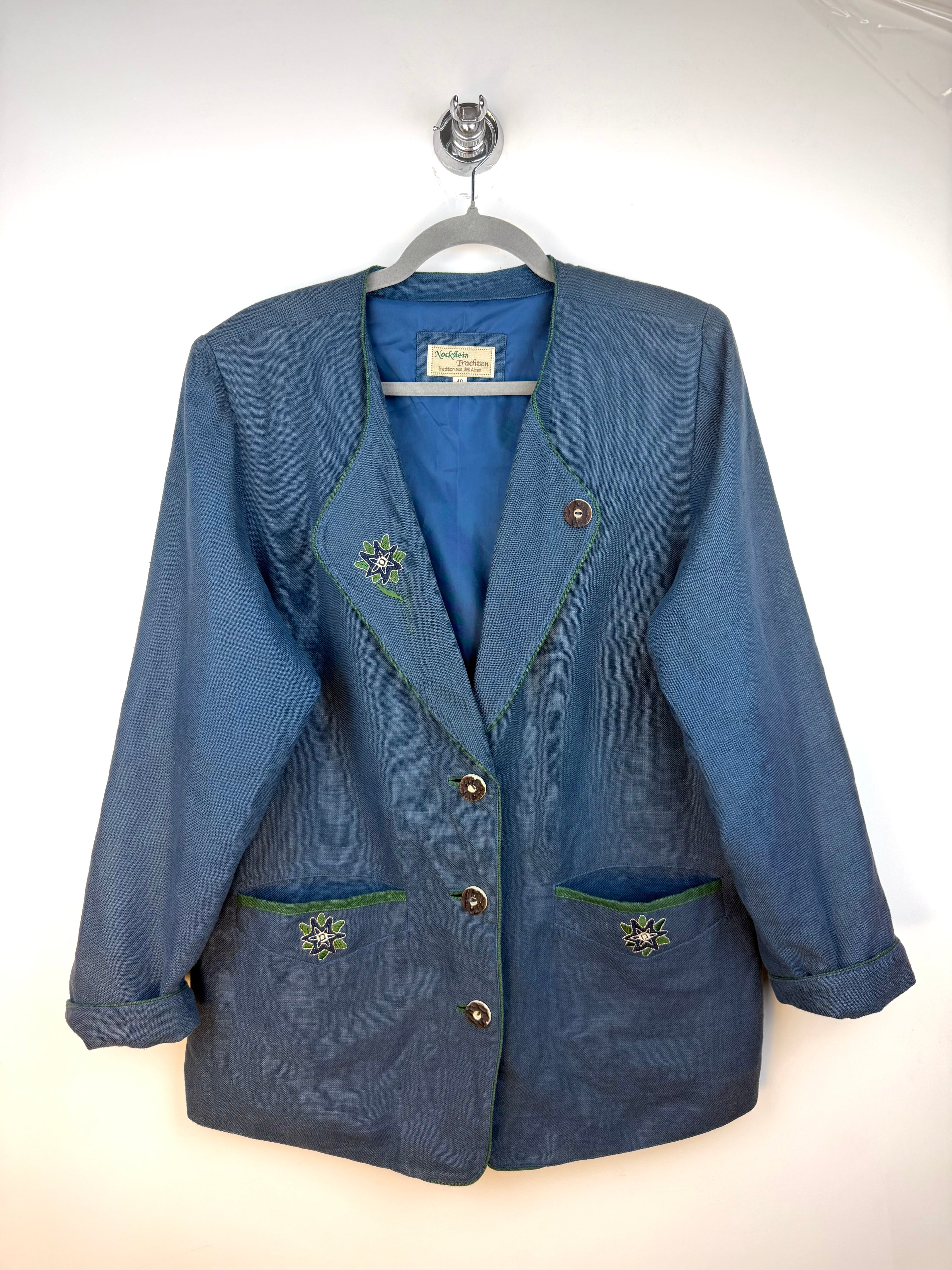 Giacca tirolese vintage in lino 100% Nockstein Trachten con ricami – TG 40