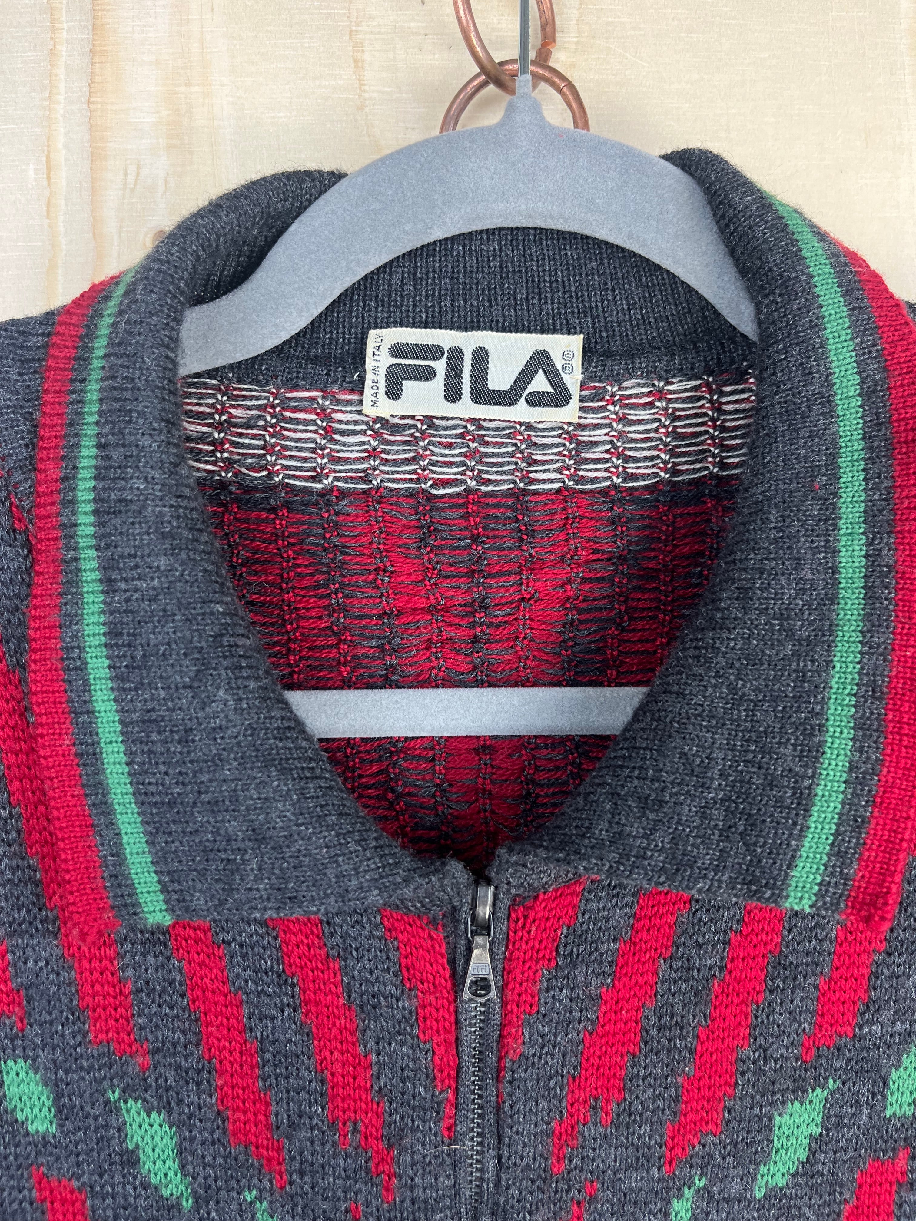 Vintage 90s Fila Half Zip Wool Sweater Made in Italy Geometric Pattern