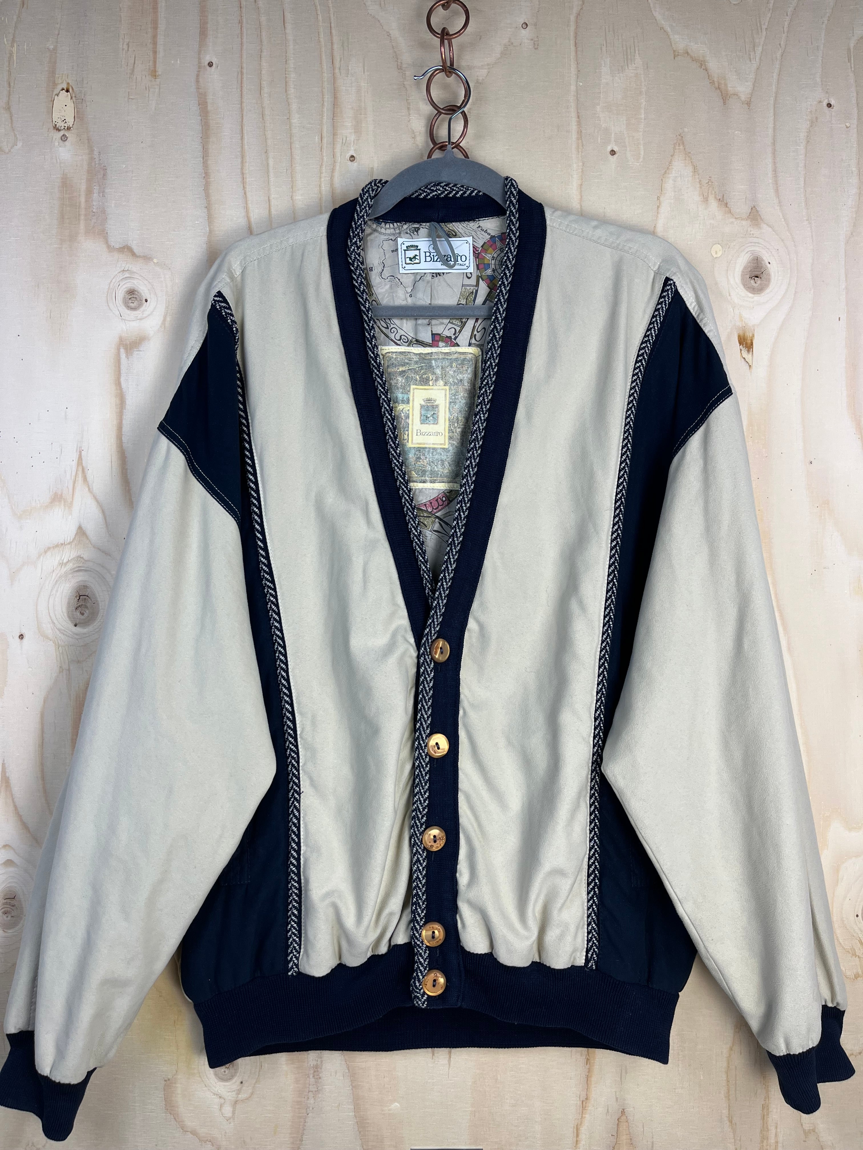 Giacca Bomber Vintage Bizzarro in Cotone Beige e Blu Navy