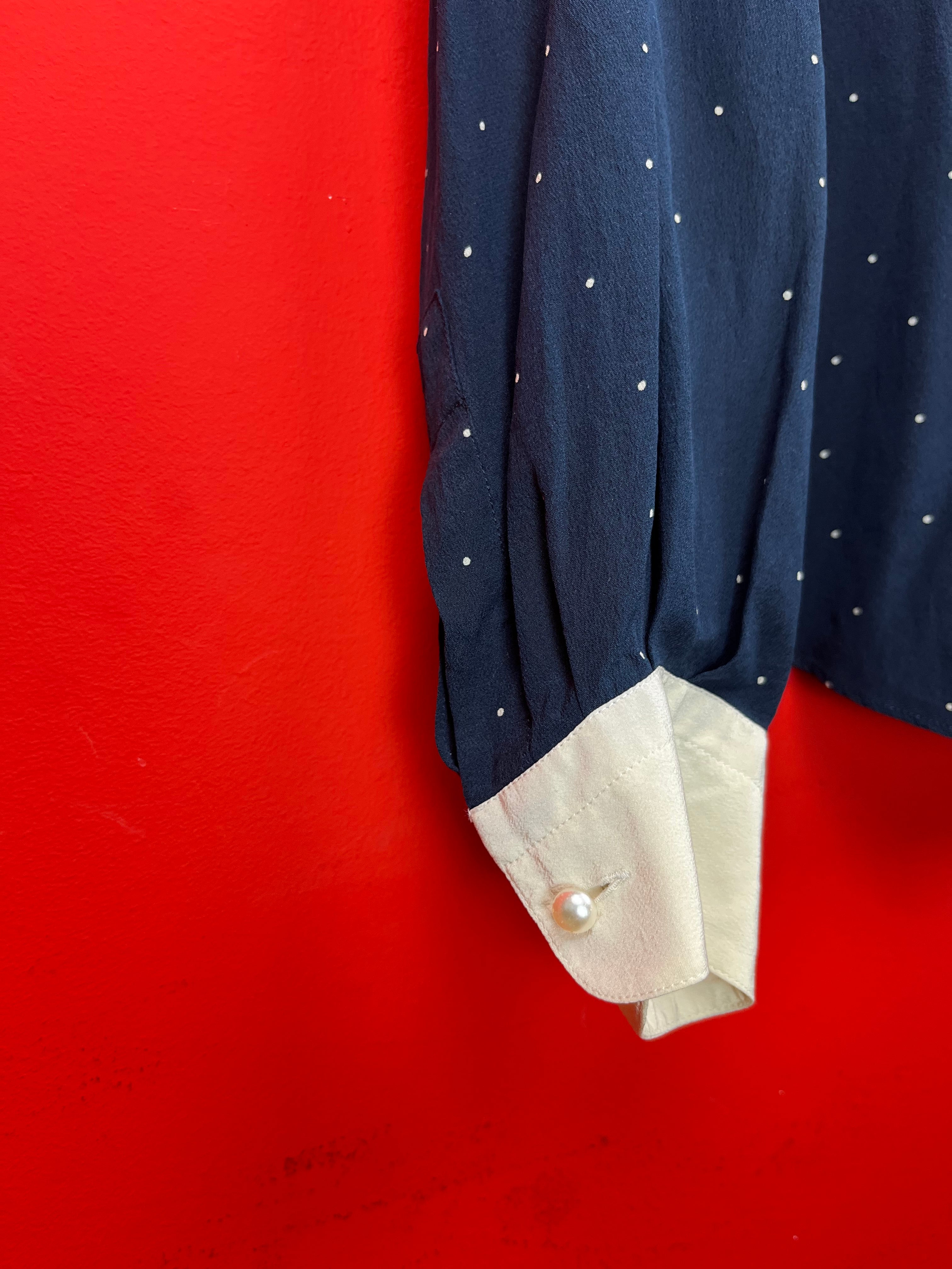 Blusa Vintage In Seta A Pois Con Colletto Peter Pan