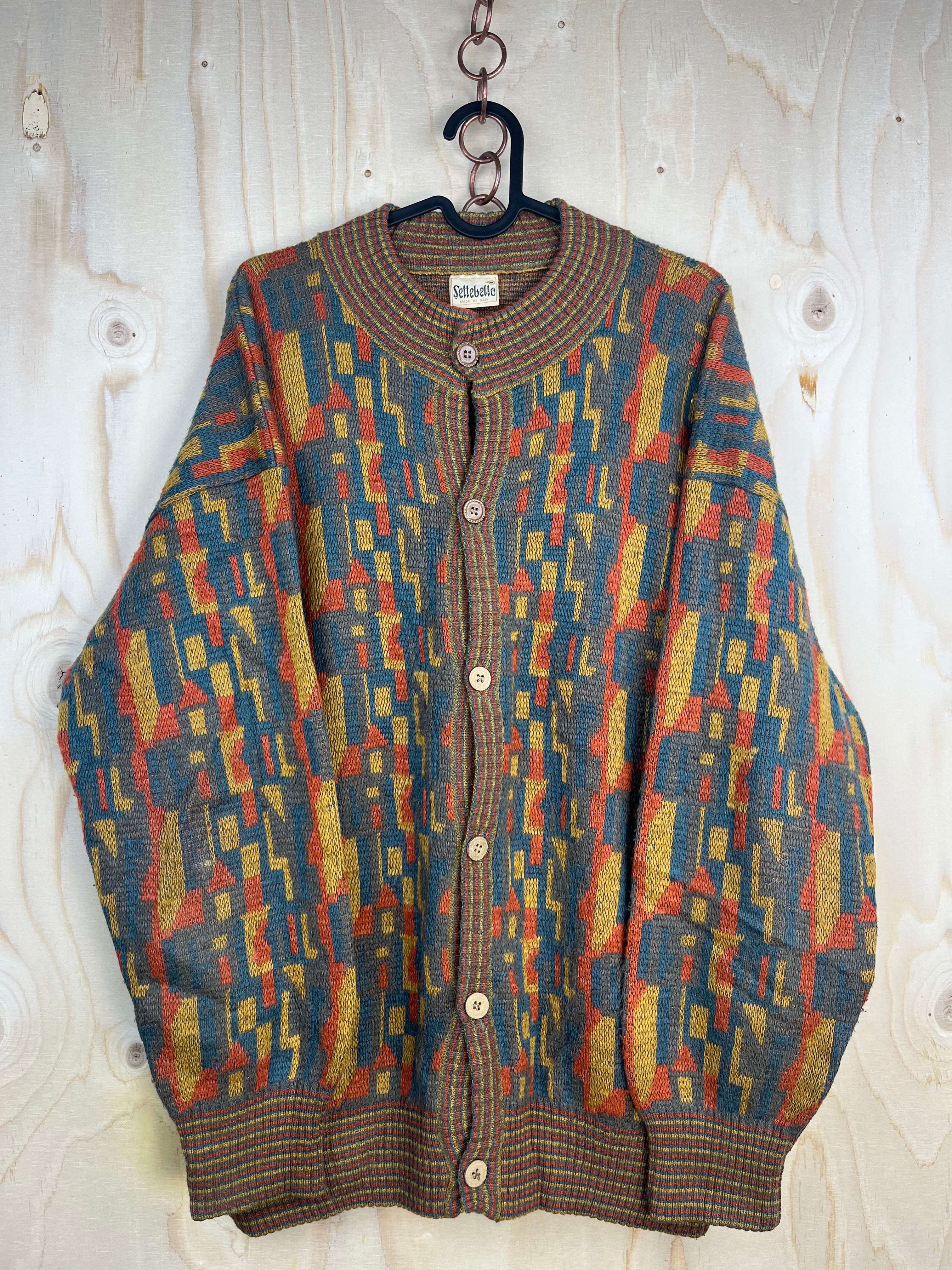 Vintage Pattern Cardigan Multicolor Wool Blend Oversized Made in Italy