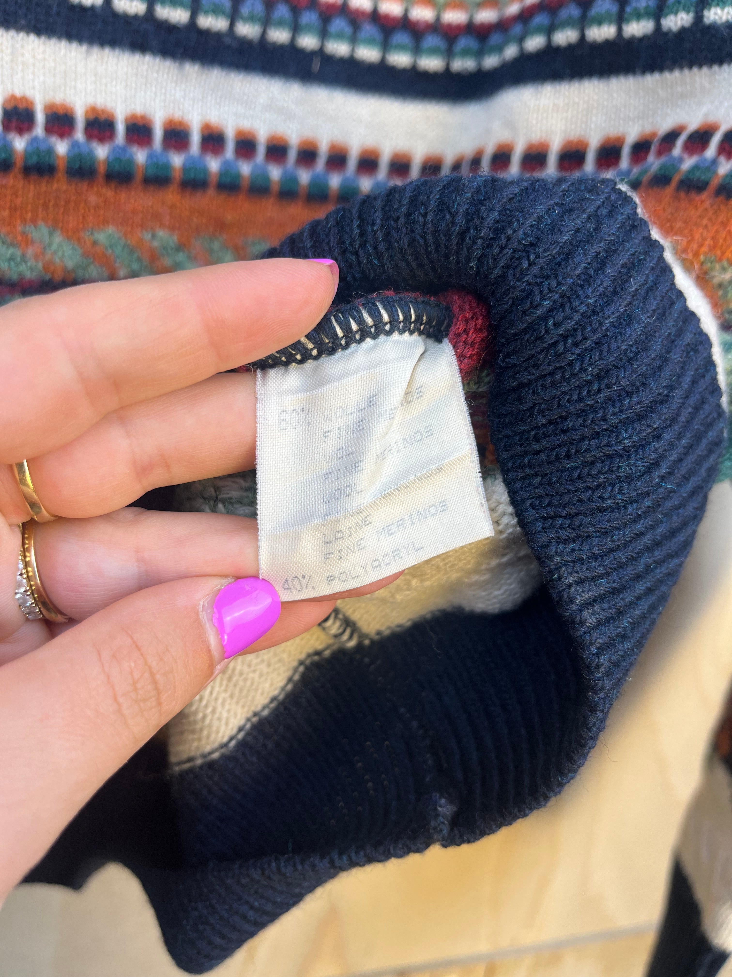 Vintage Pattern Sweater Wool Blend Multicolor Crewneck Made in Italy